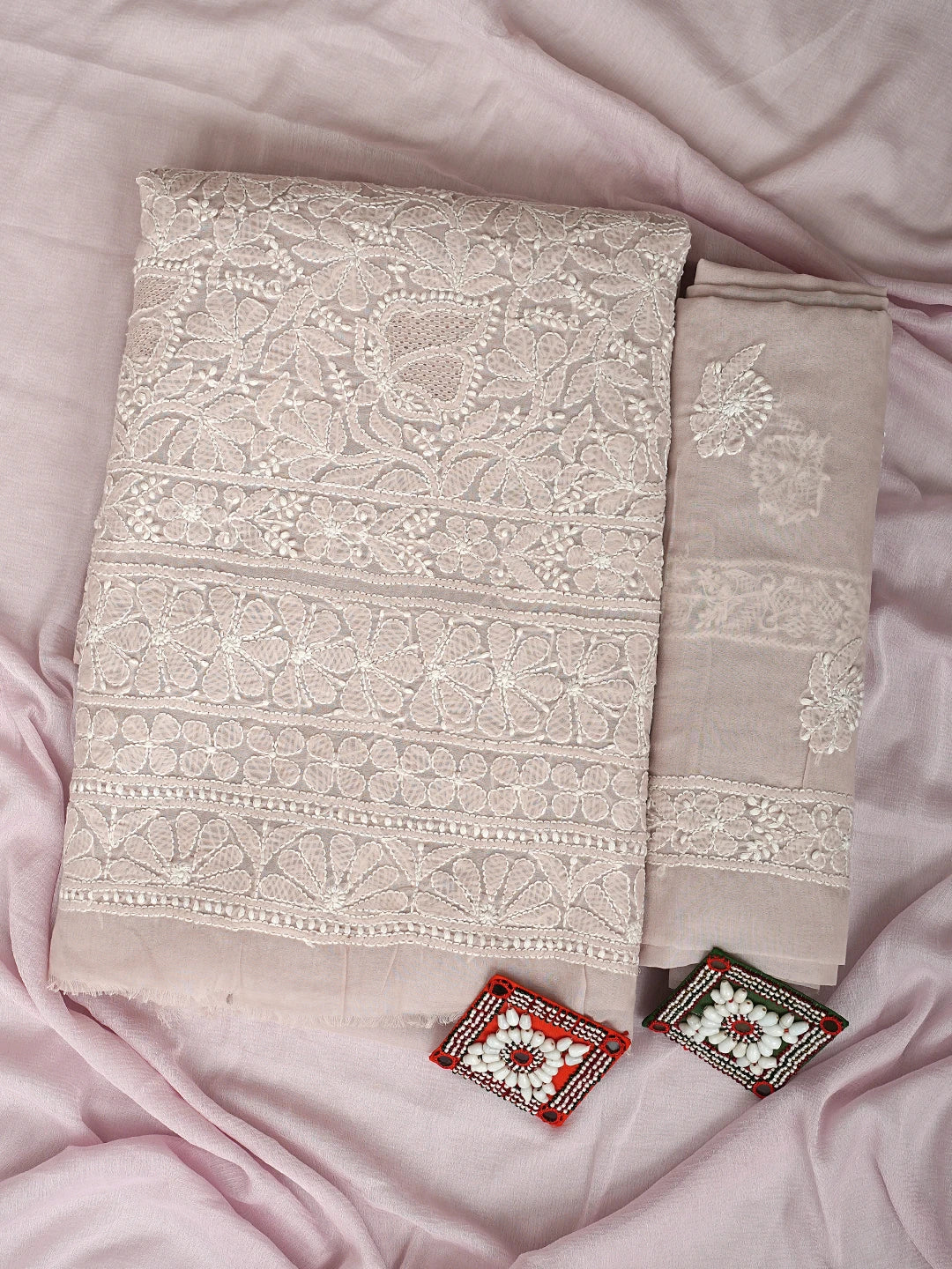 Ada Hand Embroidered Powder Petal Cotton Lucknowi Chikankari Unstitched Suit Piece With Chiffon Dupatta 01A919462