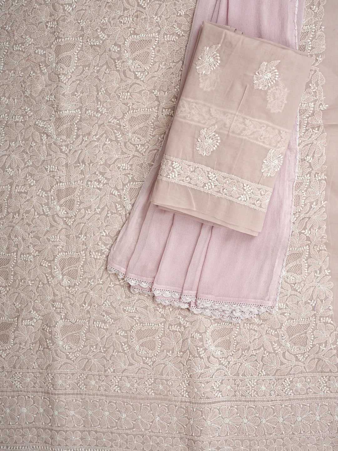 Ada Hand Embroidered Powder Petal Cotton Lucknowi Chikankari Unstitched Suit Piece With Chiffon Dupatta 01A919462