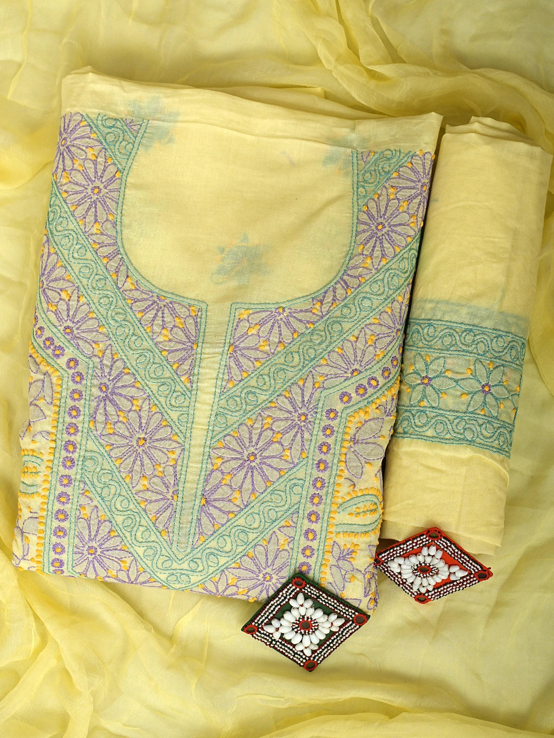 Ada Hand Embroidered Lemon Cotton Lucknowi Chikankari Unstitched Suit Piece With Chiffon Dupatta 01A919378