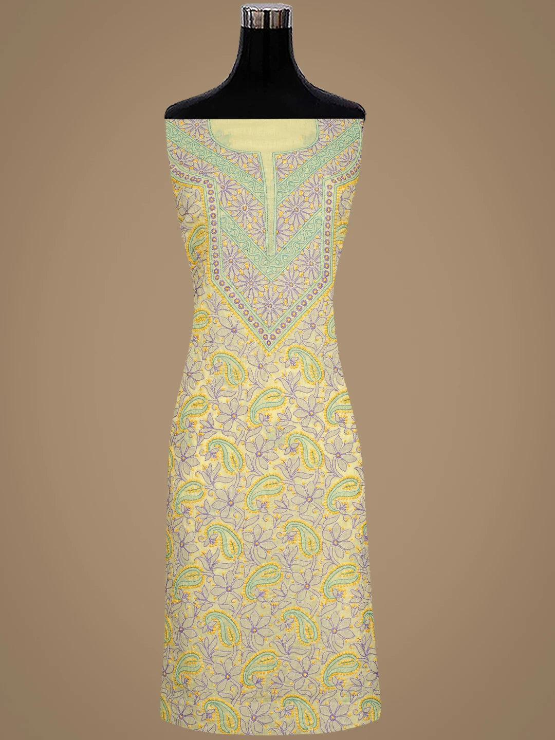 Ada Hand Embroidered Lemon Cotton Lucknowi Chikankari Unstitched Suit Piece With Chiffon Dupatta 01A919378