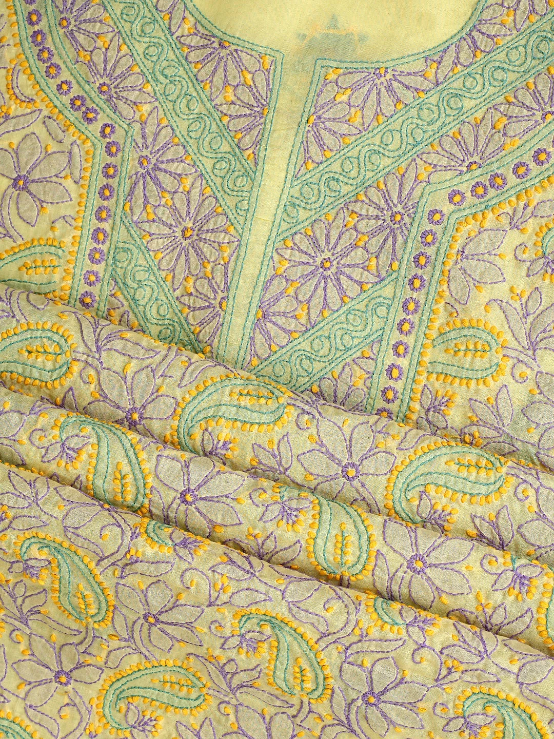 Ada Hand Embroidered Lemon Cotton Lucknowi Chikankari Unstitched Suit Piece With Chiffon Dupatta 01A919378