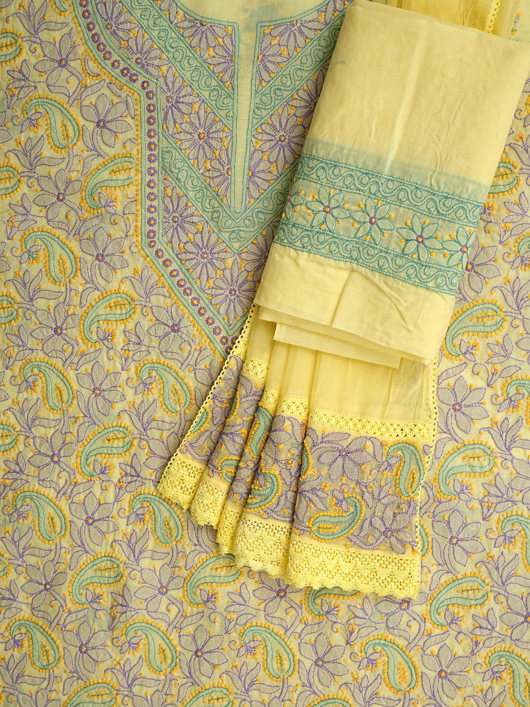 Ada Hand Embroidered Lemon Cotton Lucknowi Chikankari Unstitched Suit Piece With Chiffon Dupatta 01A919378