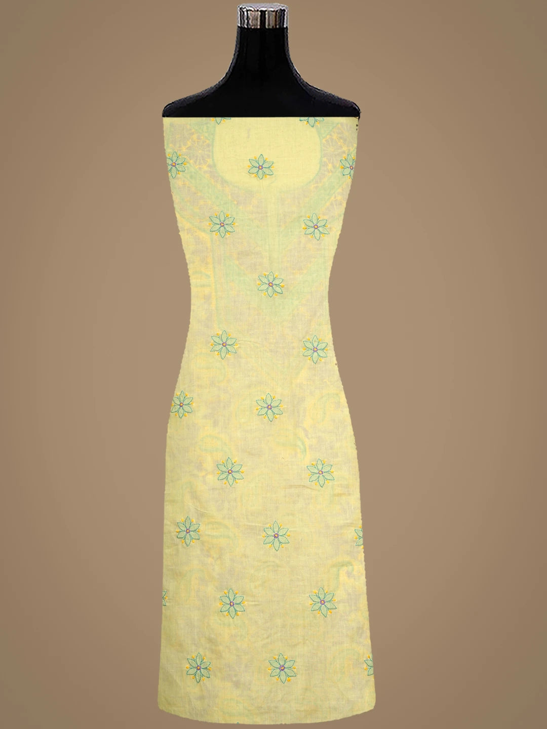 Ada Hand Embroidered Lemon Cotton Lucknowi Chikankari Unstitched Suit Piece With Chiffon Dupatta 01A919378