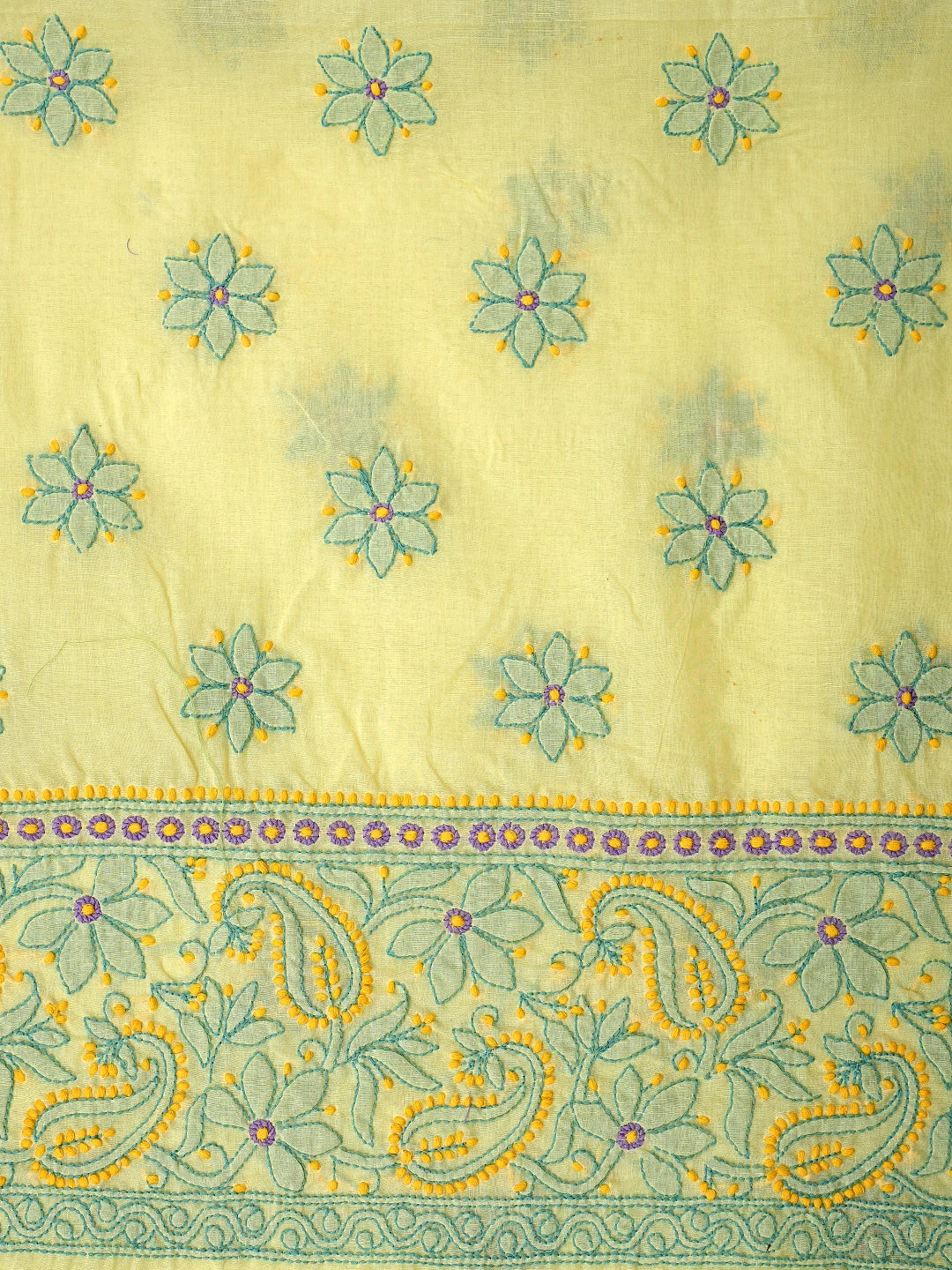 Ada Hand Embroidered Lemon Cotton Lucknowi Chikankari Unstitched Suit Piece With Chiffon Dupatta 01A919378
