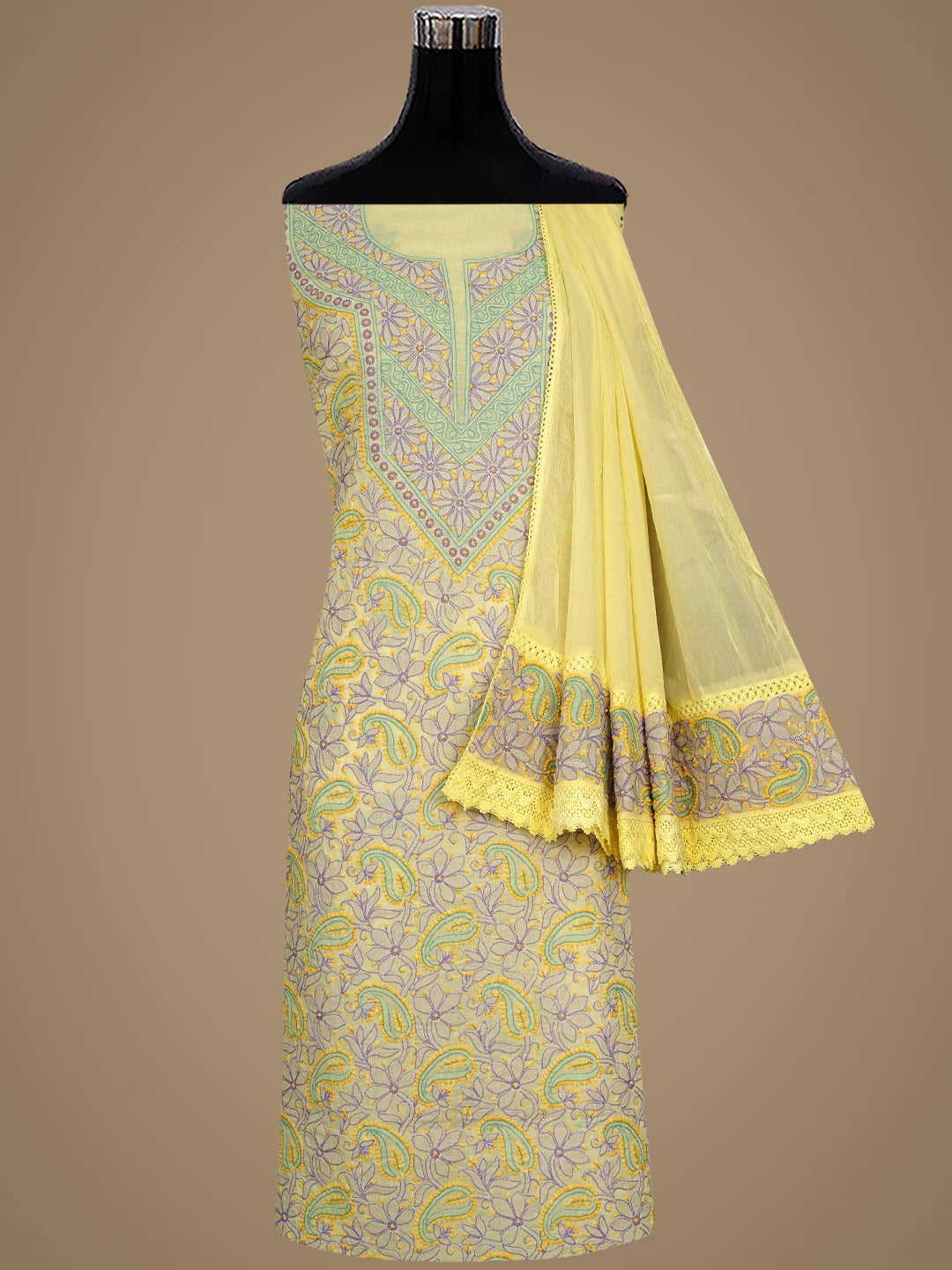 Ada Hand Embroidered Lemon Cotton Lucknowi Chikankari Unstitched Suit Piece With Chiffon Dupatta 01A919378