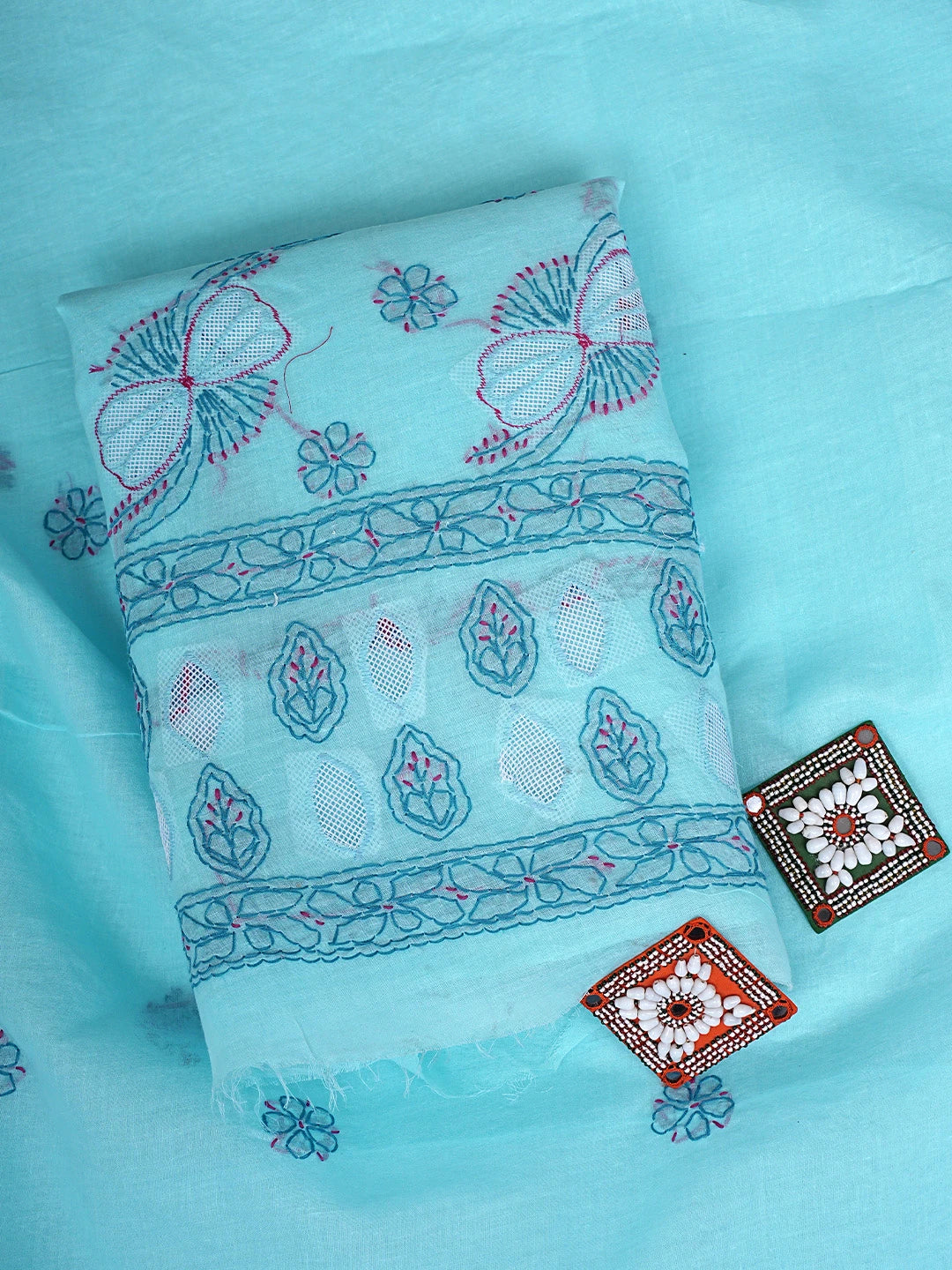 Ada Hand Embroidered Sky Blue Cotton Lucknowi Chikankari Unstitched Suit Piece 01A853521