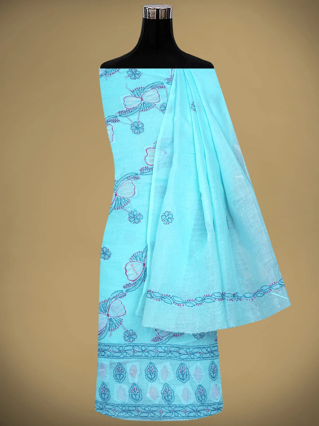 Ada Hand Embroidered Sky Blue Cotton Lucknowi Chikankari Unstitched Suit Piece 01A853521
