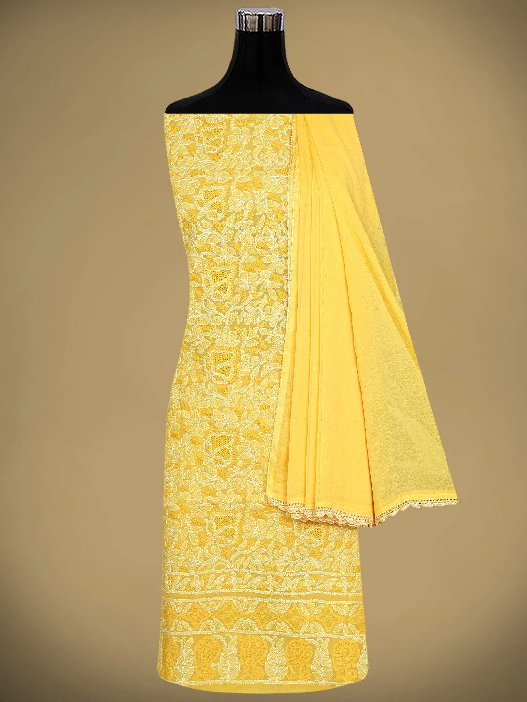 Ada Hand Embroidered Yellow Cotton Lucknowi Chikankari Unstitched Suit Piece With Chiffon Dupatta 01A919438