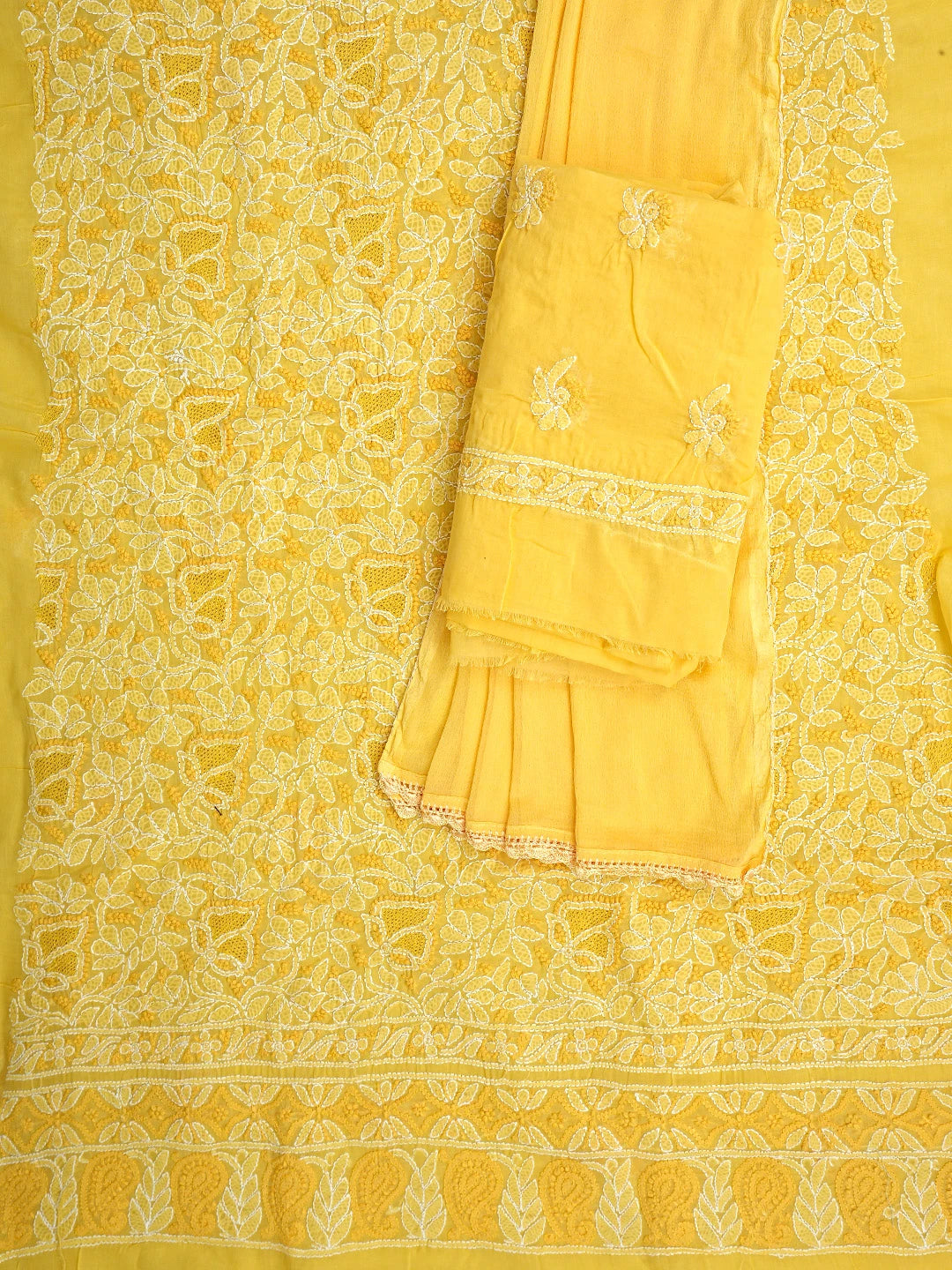Ada Hand Embroidered Yellow Cotton Lucknowi Chikankari Unstitched Suit Piece With Chiffon Dupatta 01A919438