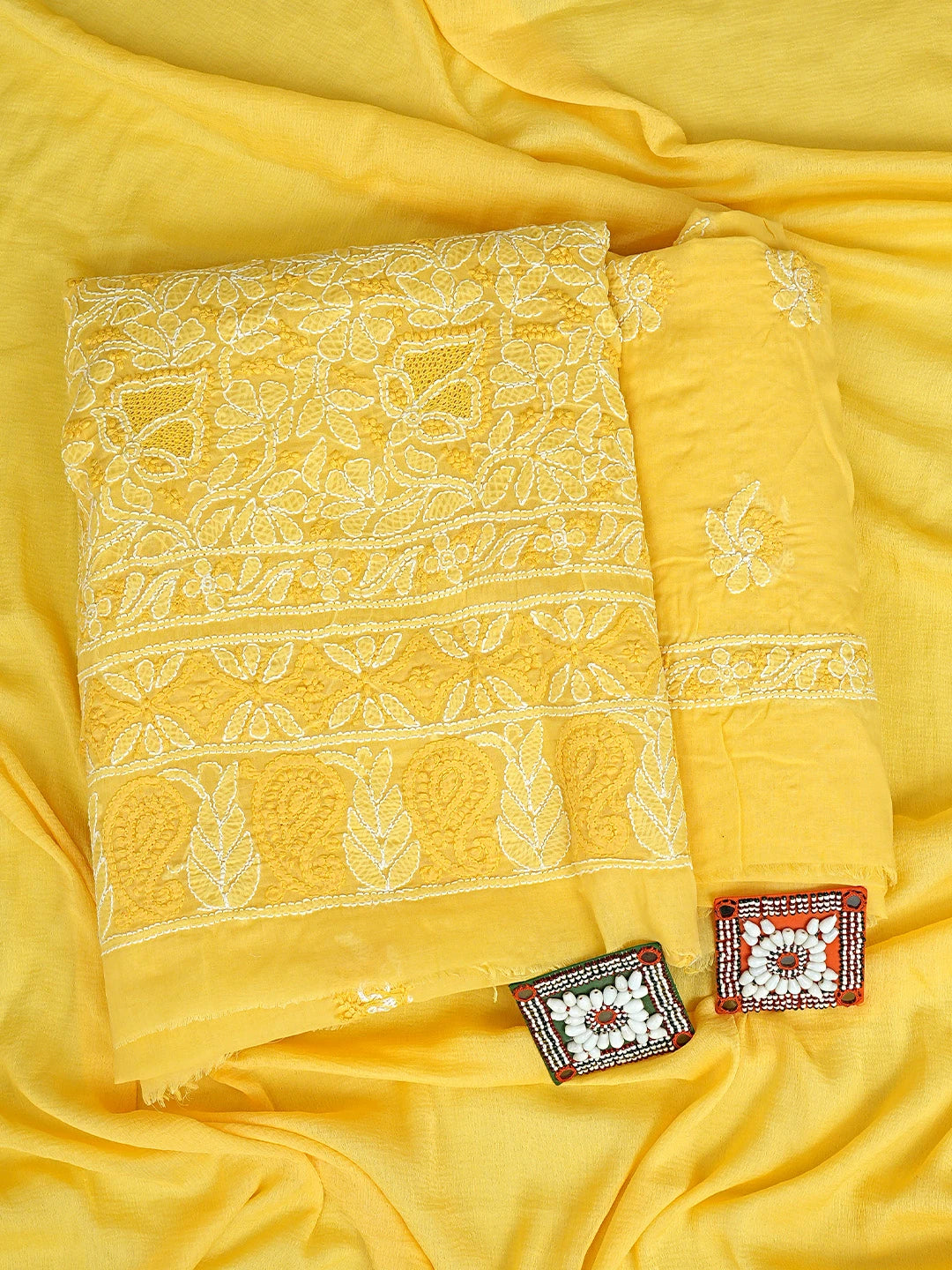 Ada Hand Embroidered Yellow Cotton Lucknowi Chikankari Unstitched Suit Piece With Chiffon Dupatta 01A919438