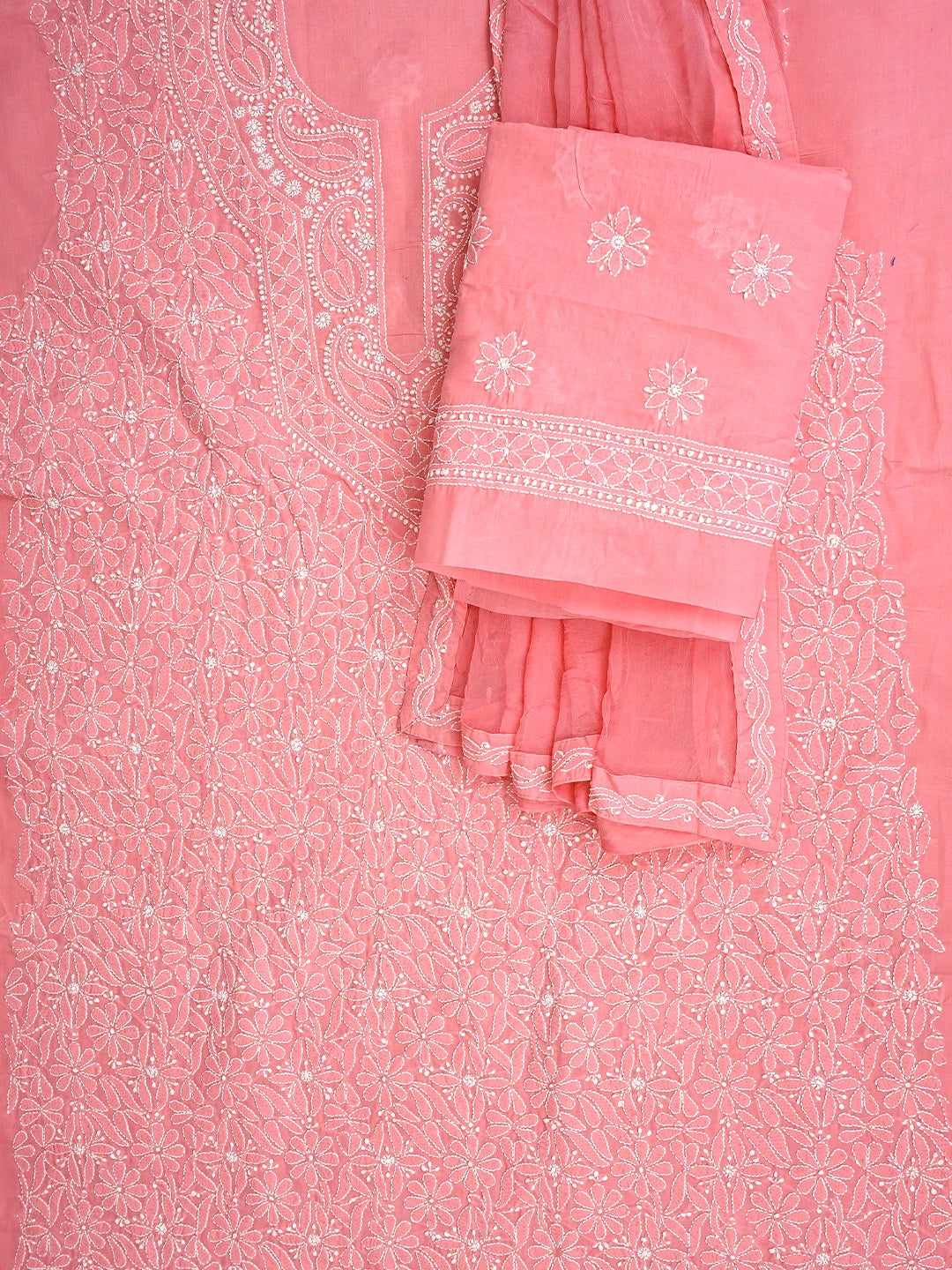 Ada Hand Embroidered Peach Cotton Lucknowi Chikankari Unstitched Suit Piece 01A921000