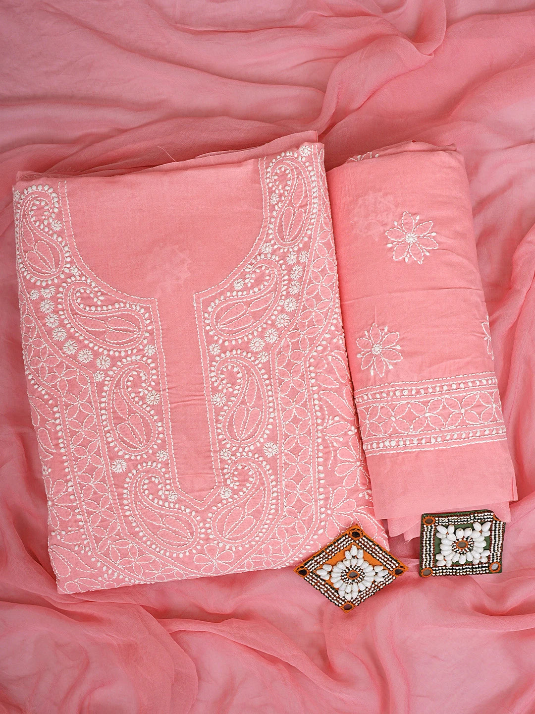 Ada Hand Embroidered Peach Cotton Lucknowi Chikankari Unstitched Suit Piece 01A921000