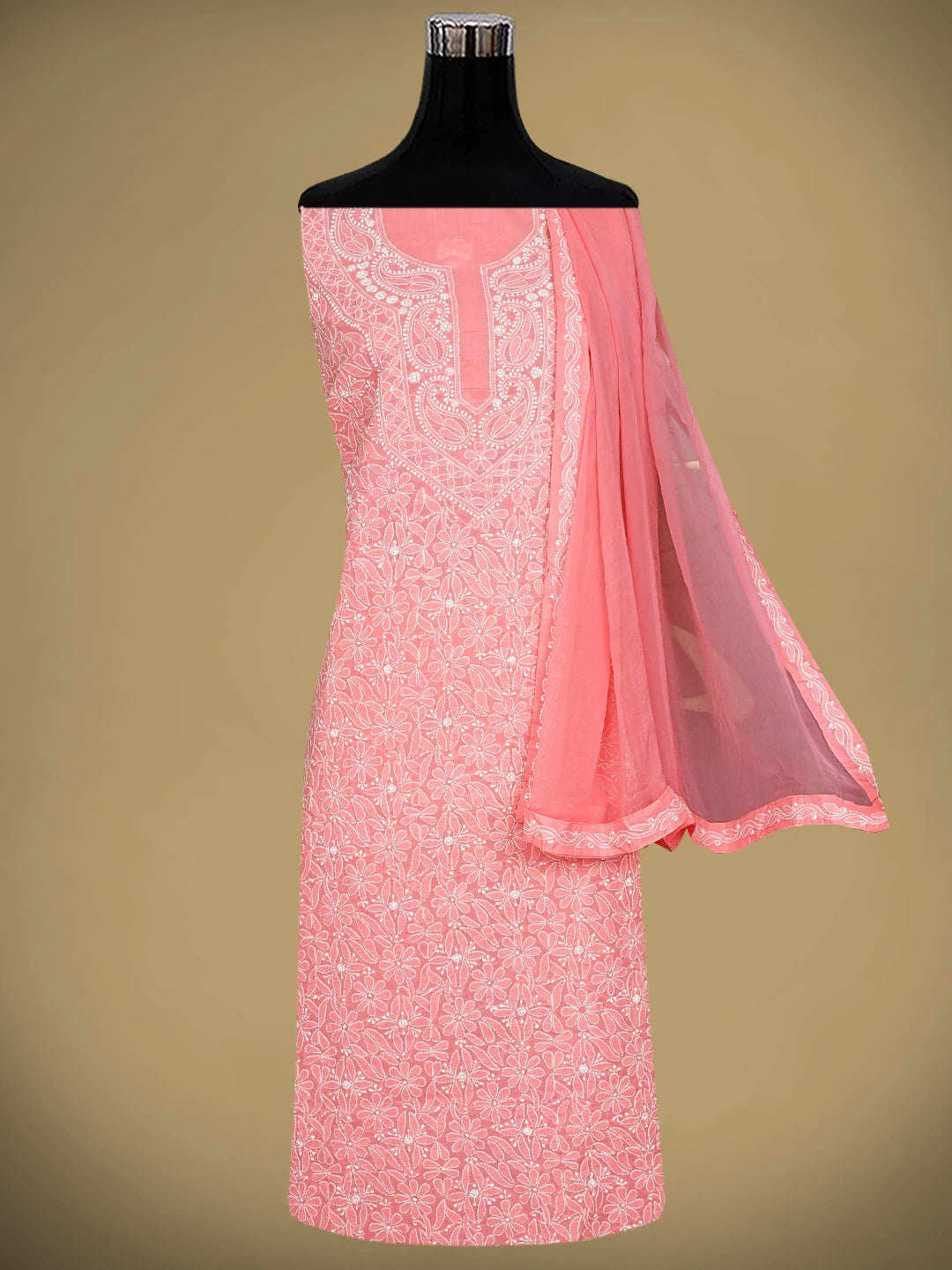 Ada Hand Embroidered Peach Cotton Lucknowi Chikankari Unstitched Suit Piece 01A921000
