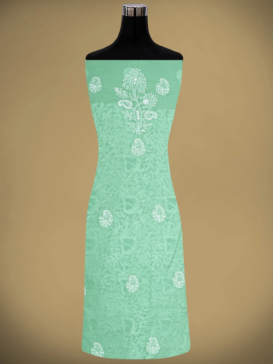 Ada Hand Embroidered Green Cotton Lucknowi Chikankari Unstitched Suit Piece With Chiffon Dupatta 01A919466