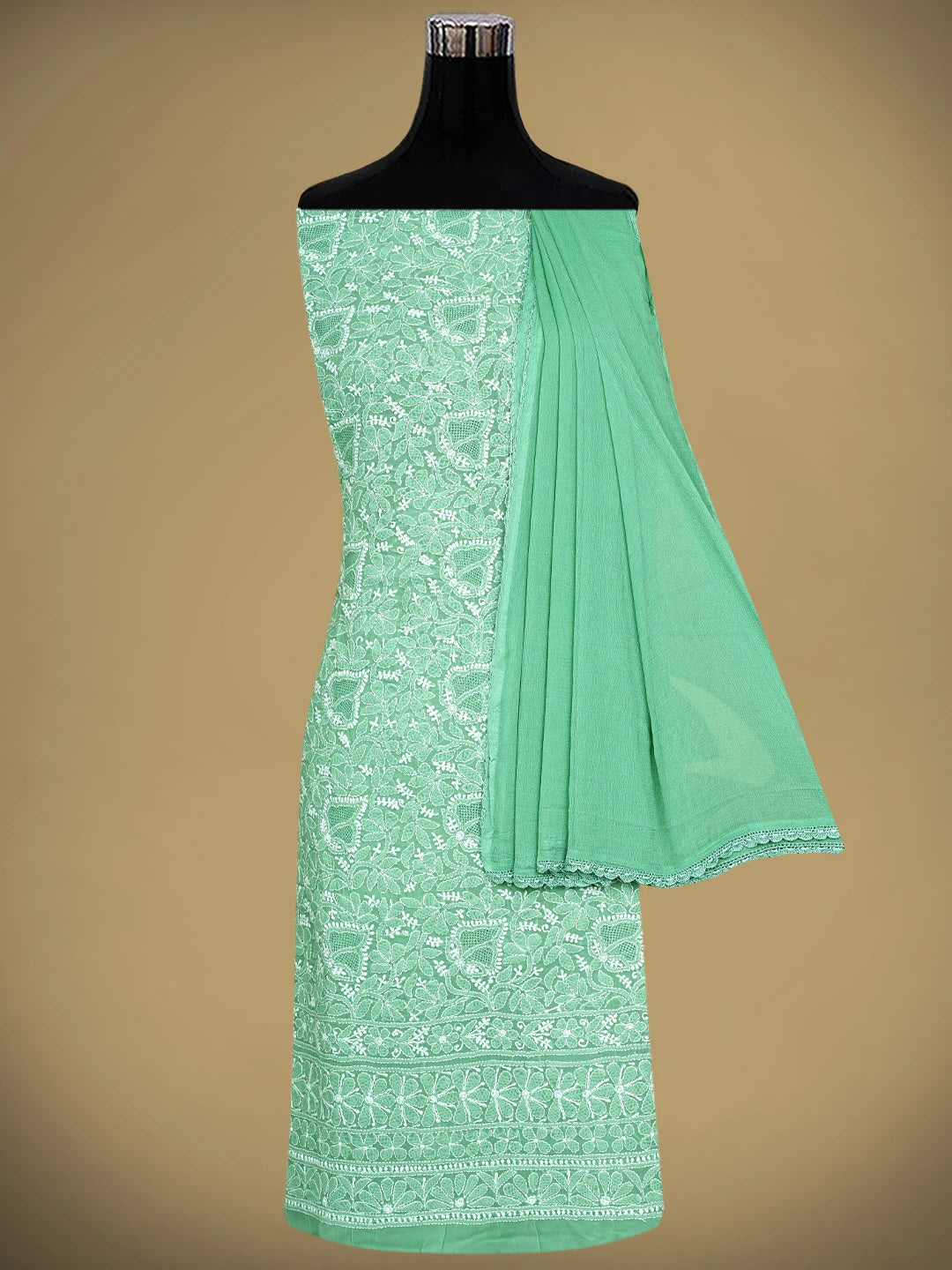 Ada Hand Embroidered Green Cotton Lucknowi Chikankari Unstitched Suit Piece With Chiffon Dupatta 01A919466