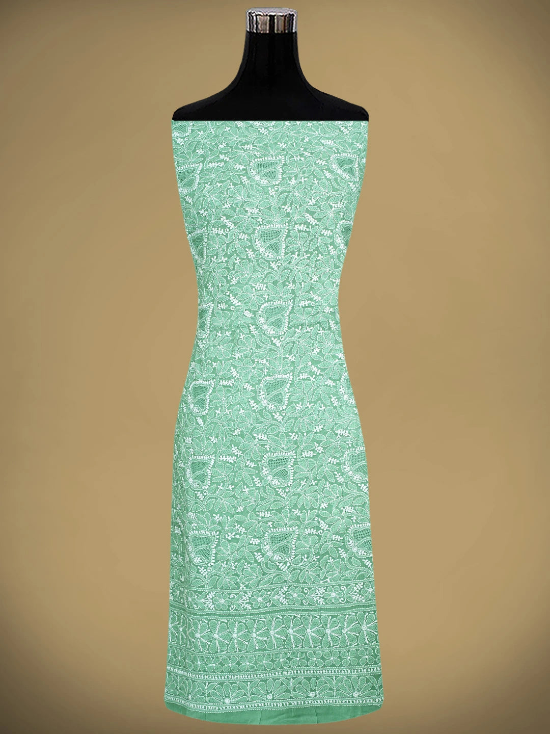 Ada Hand Embroidered Green Cotton Lucknowi Chikankari Unstitched Suit Piece With Chiffon Dupatta 01A919466