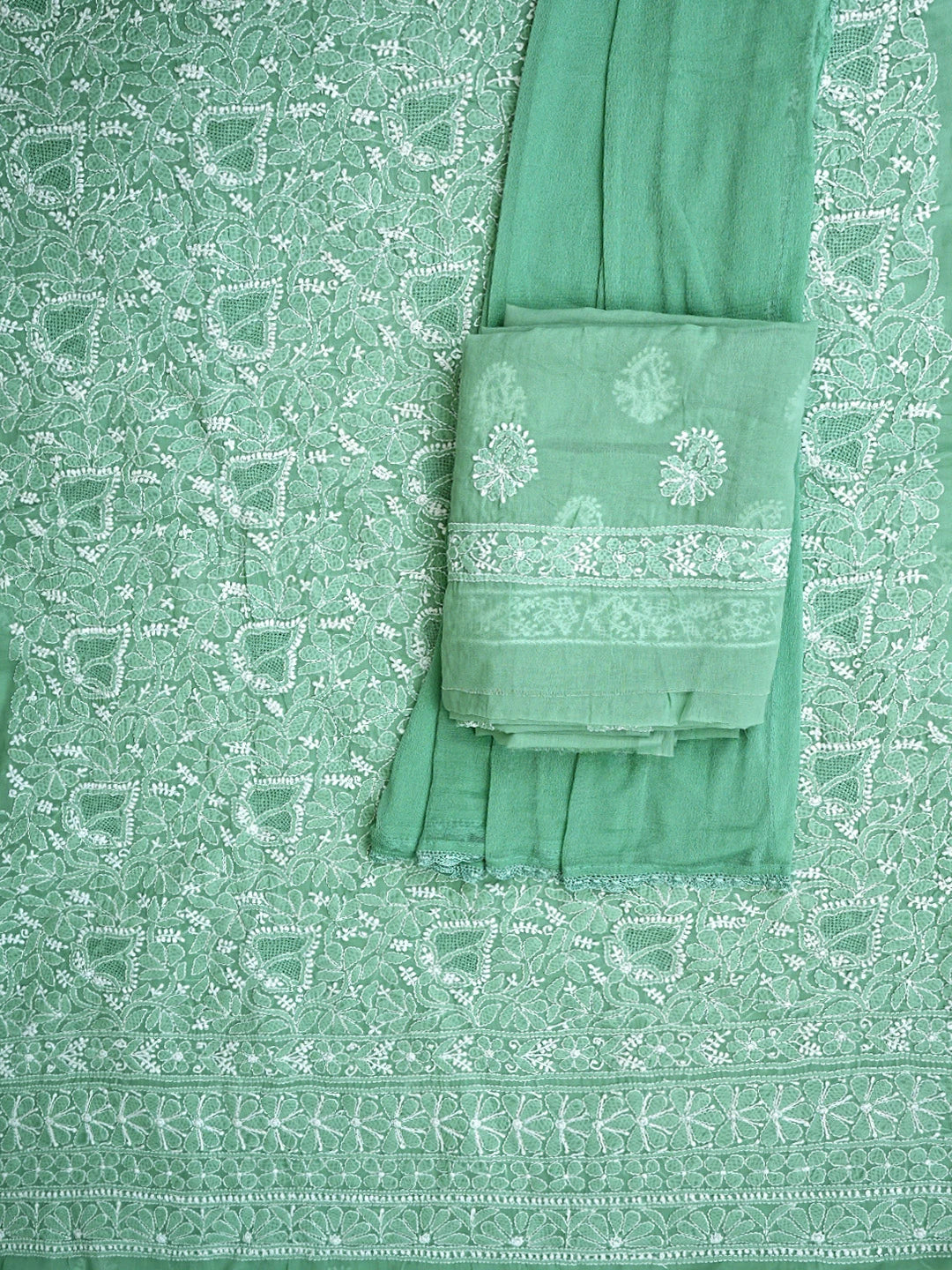 Ada Hand Embroidered Green Cotton Lucknowi Chikankari Unstitched Suit Piece With Chiffon Dupatta 01A919466