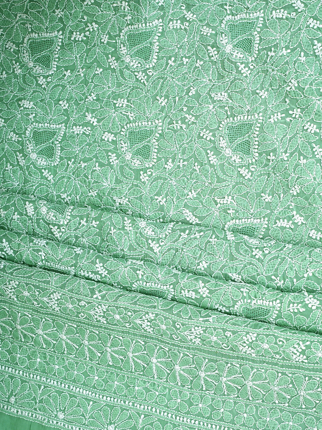 Ada Hand Embroidered Green Cotton Lucknowi Chikankari Unstitched Suit Piece With Chiffon Dupatta 01A919466