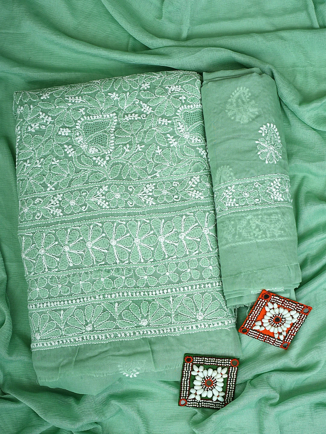 Ada Hand Embroidered Green Cotton Lucknowi Chikankari Unstitched Suit Piece With Chiffon Dupatta 01A919466