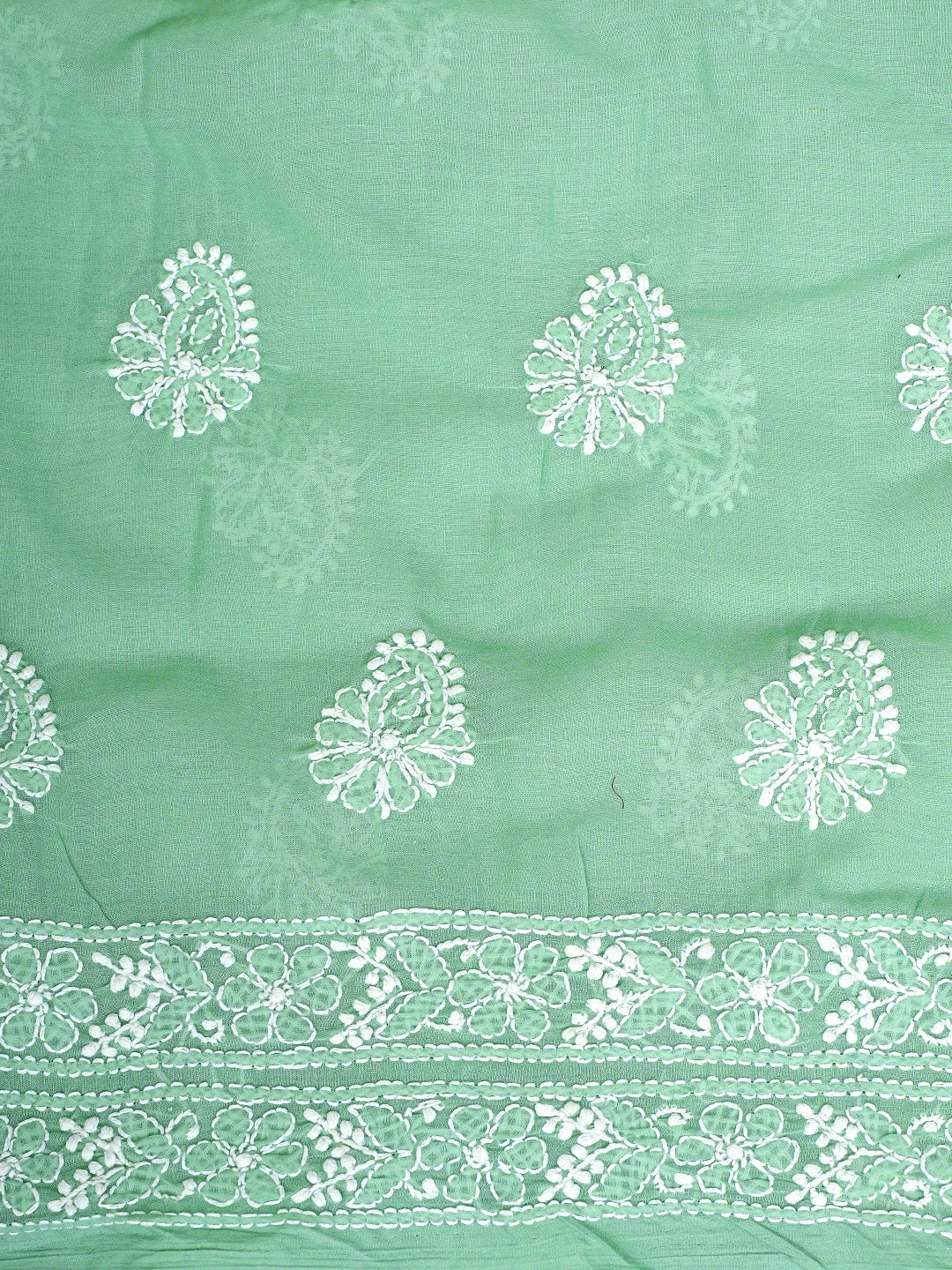 Ada Hand Embroidered Green Cotton Lucknowi Chikankari Unstitched Suit Piece With Chiffon Dupatta 01A919466