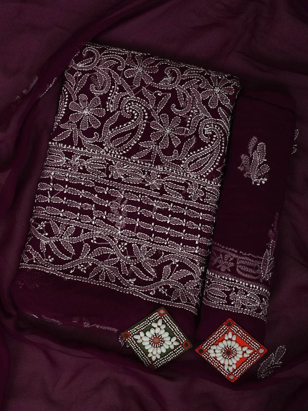 Ada Hand Embroidered Wine Georgette Lucknowi Chikankari Unstitched Suit Piece 01A915172