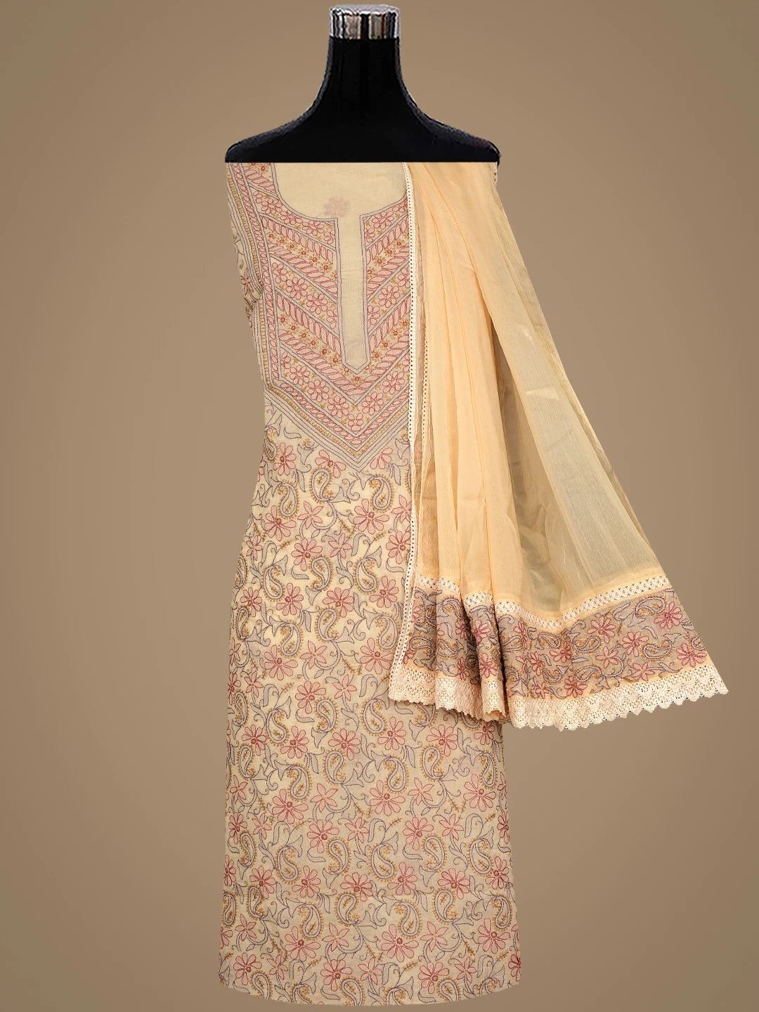Ada Hand Embroidered Fawn Cotton Lucknowi Chikankari Unstitched Suit Piece With Chiffon Dupatta 01A919377