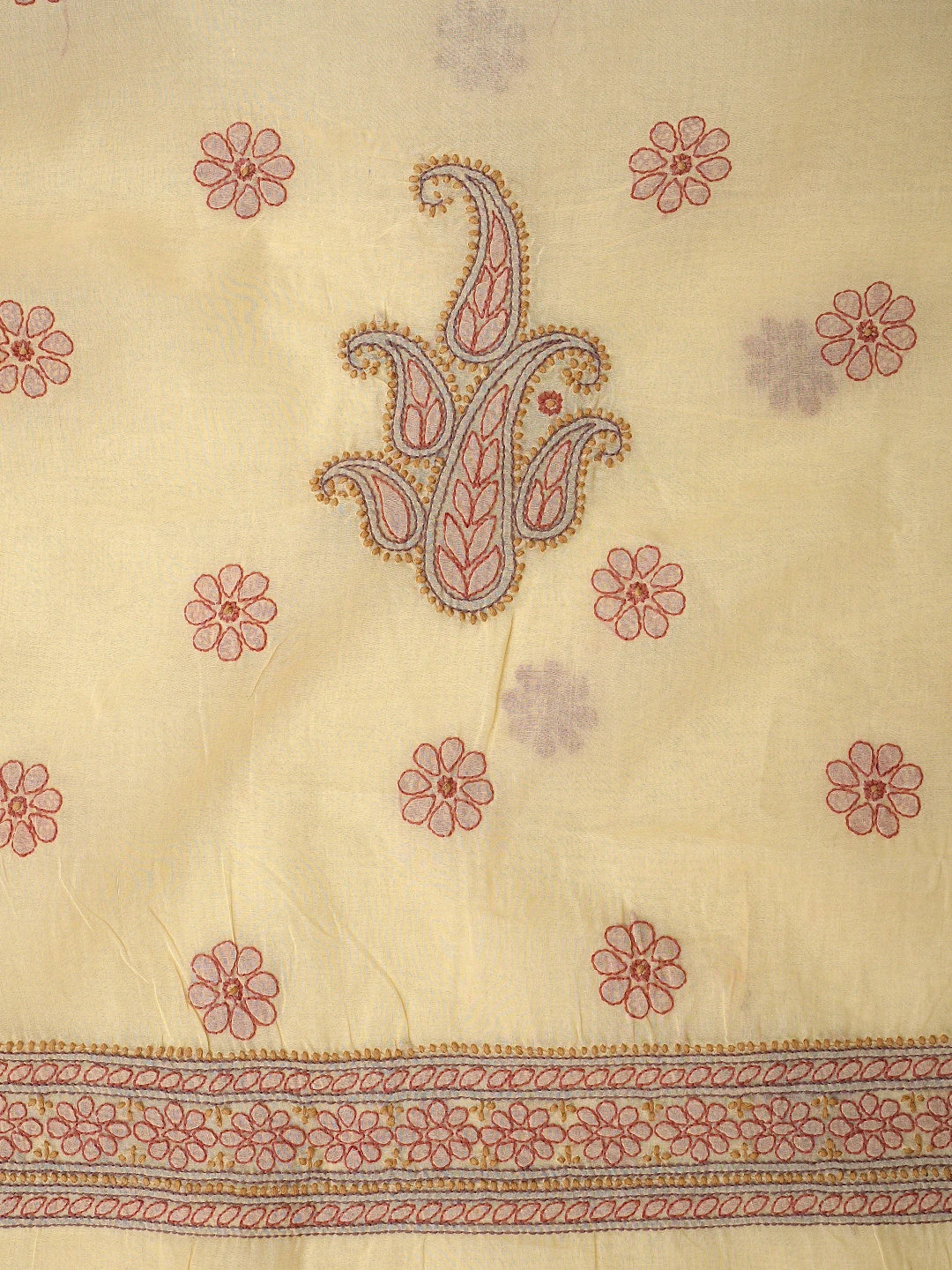 Ada Hand Embroidered Fawn Cotton Lucknowi Chikankari Unstitched Suit Piece With Chiffon Dupatta 01A919377