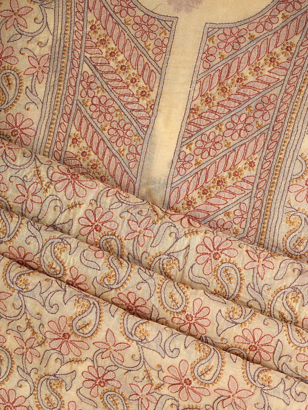 Ada Hand Embroidered Fawn Cotton Lucknowi Chikankari Unstitched Suit Piece With Chiffon Dupatta 01A919377