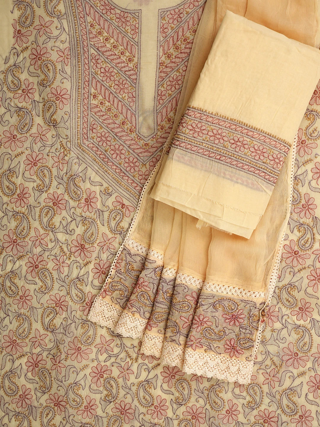 Ada Hand Embroidered Fawn Cotton Lucknowi Chikankari Unstitched Suit Piece With Chiffon Dupatta 01A919377