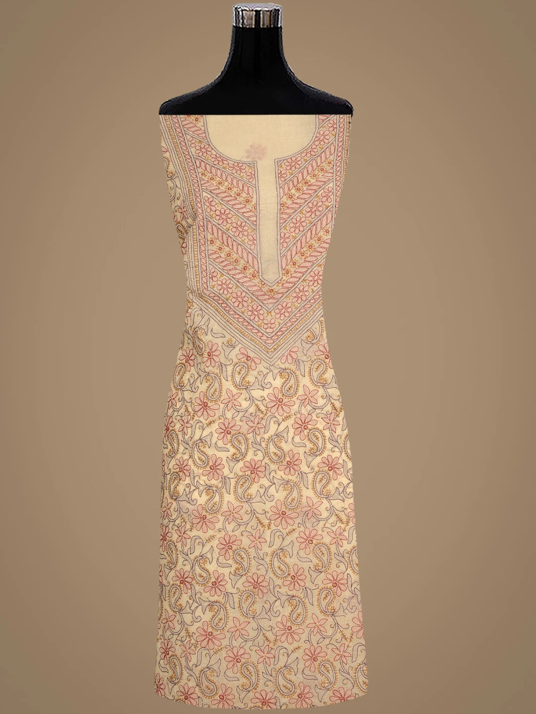 Ada Hand Embroidered Fawn Cotton Lucknowi Chikankari Unstitched Suit Piece With Chiffon Dupatta 01A919377