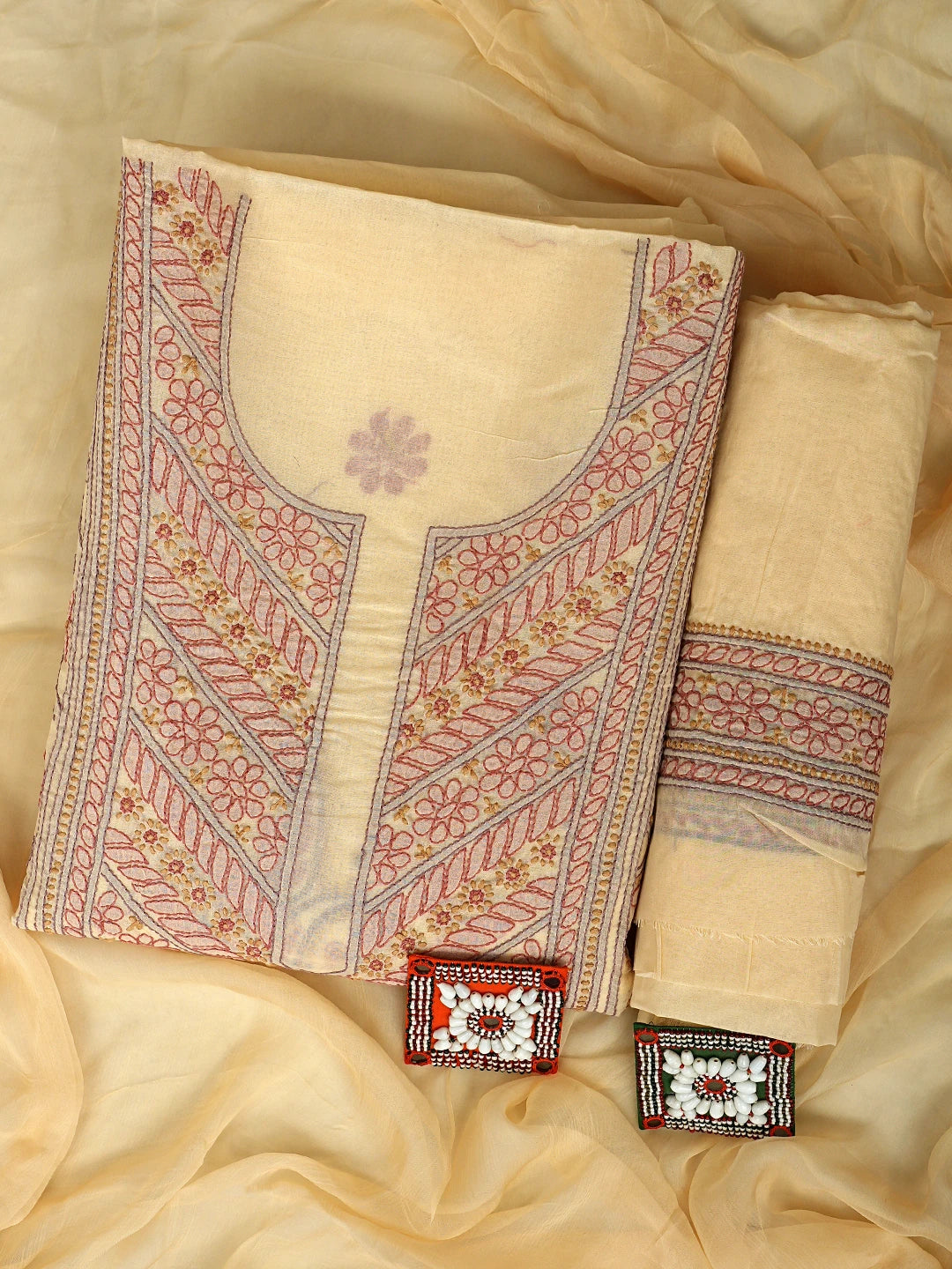 Ada Hand Embroidered Fawn Cotton Lucknowi Chikankari Unstitched Suit Piece With Chiffon Dupatta 01A919377