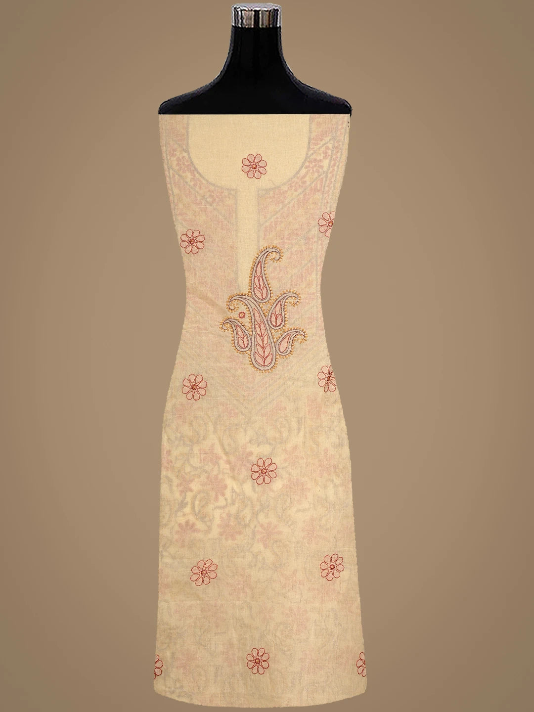 Ada Hand Embroidered Fawn Cotton Lucknowi Chikankari Unstitched Suit Piece With Chiffon Dupatta 01A919377