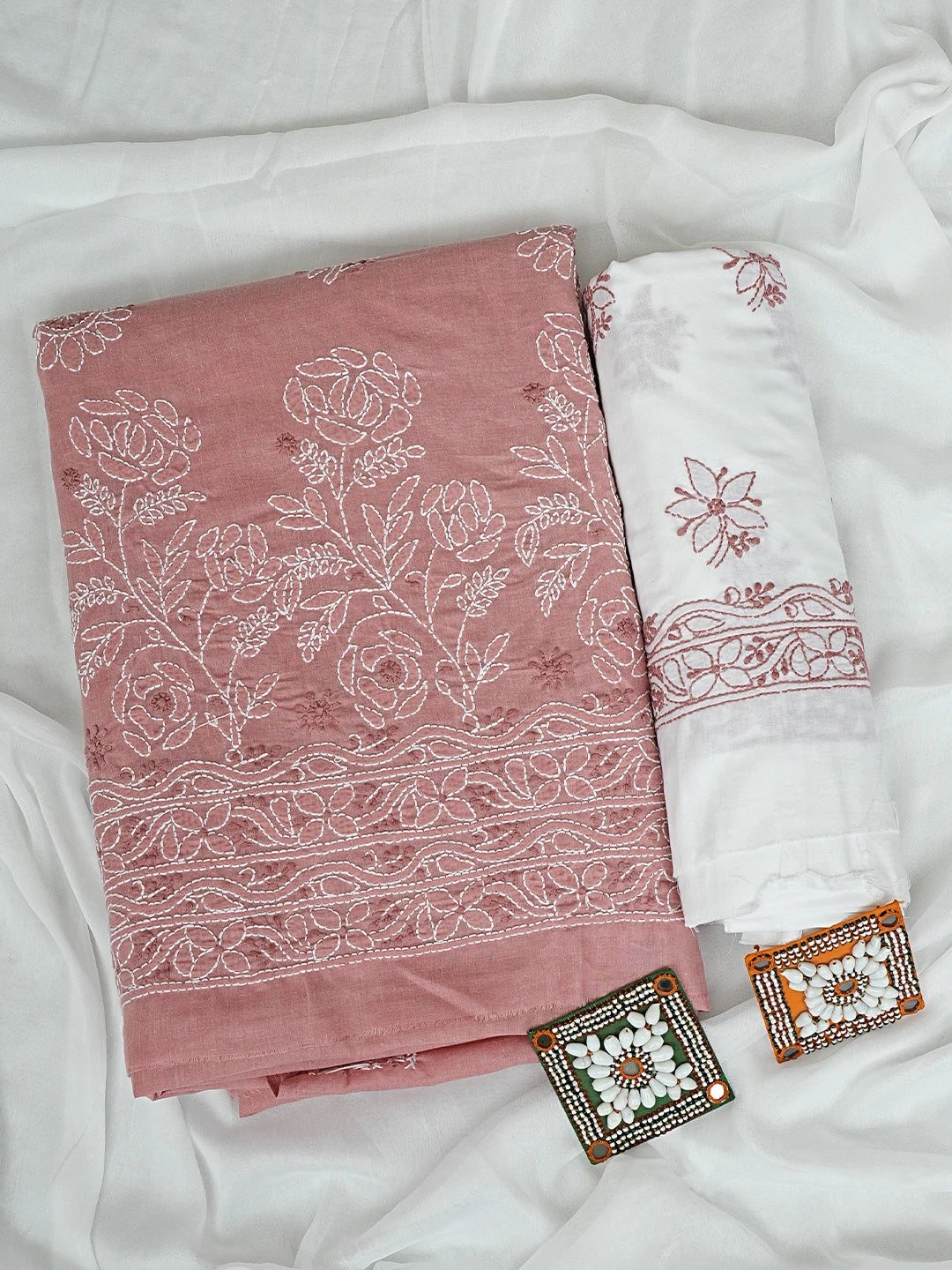 Ada Hand Embroidered Dusty Peach Cotton Lucknowi Chikankari Unstitched Suit Piece 01A920971