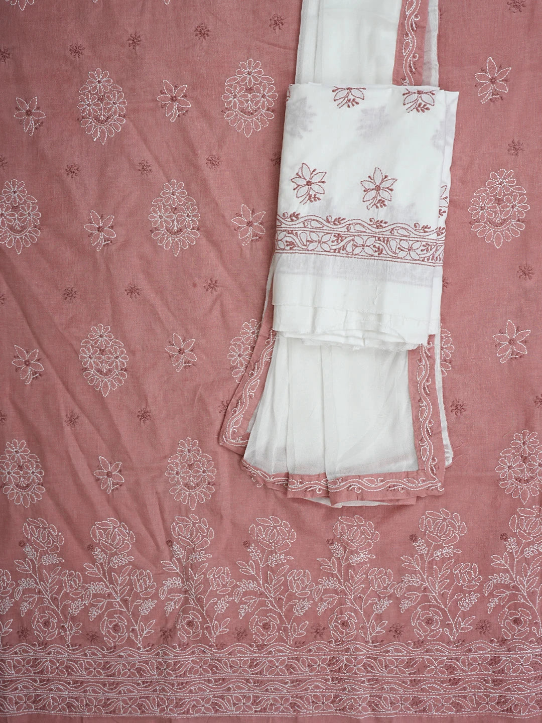 Ada Hand Embroidered Dusty Peach Cotton Lucknowi Chikankari Unstitched Suit Piece 01A920971