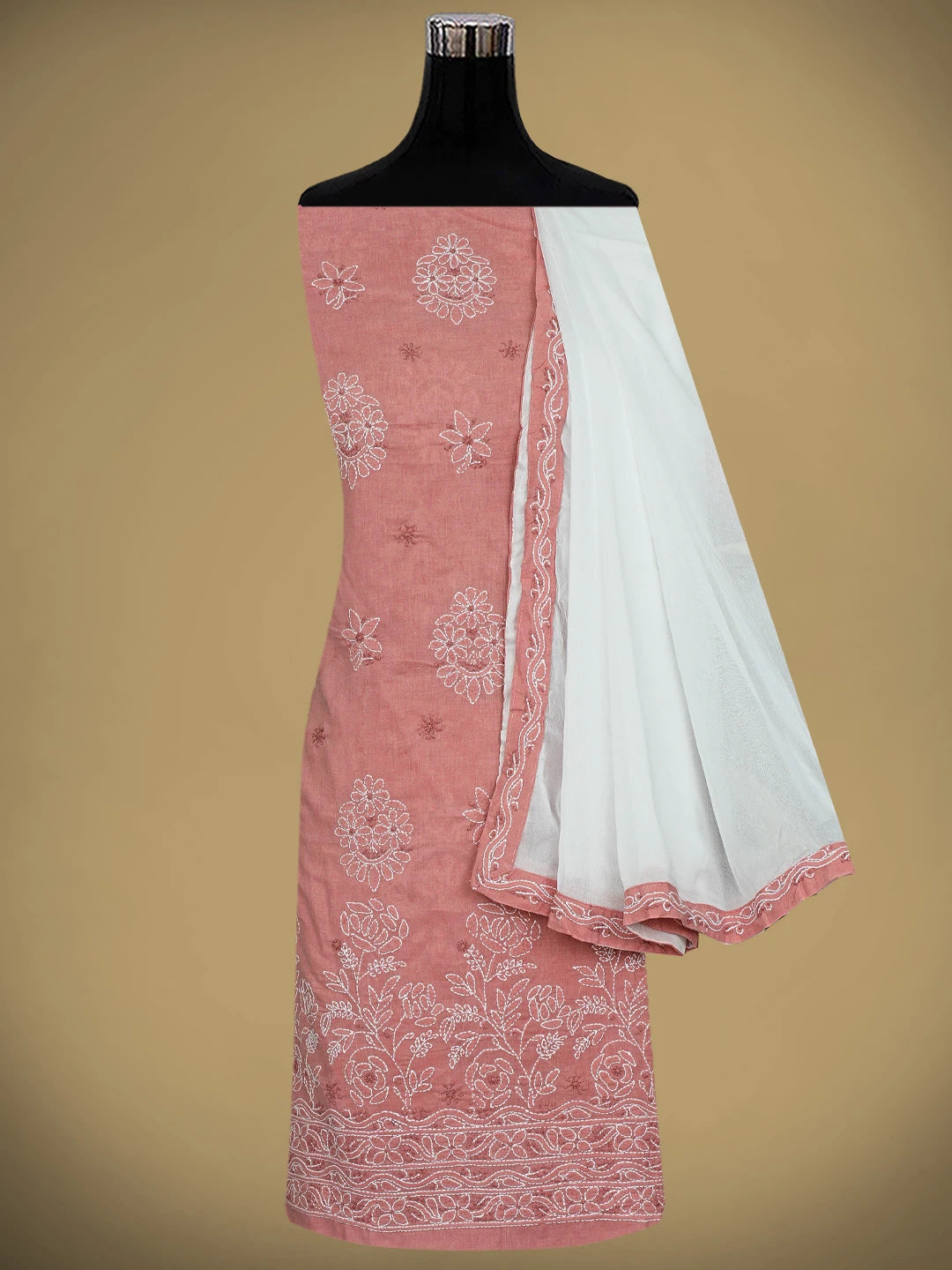 Ada Hand Embroidered Dusty Peach Cotton Lucknowi Chikankari Unstitched Suit Piece 01A920971