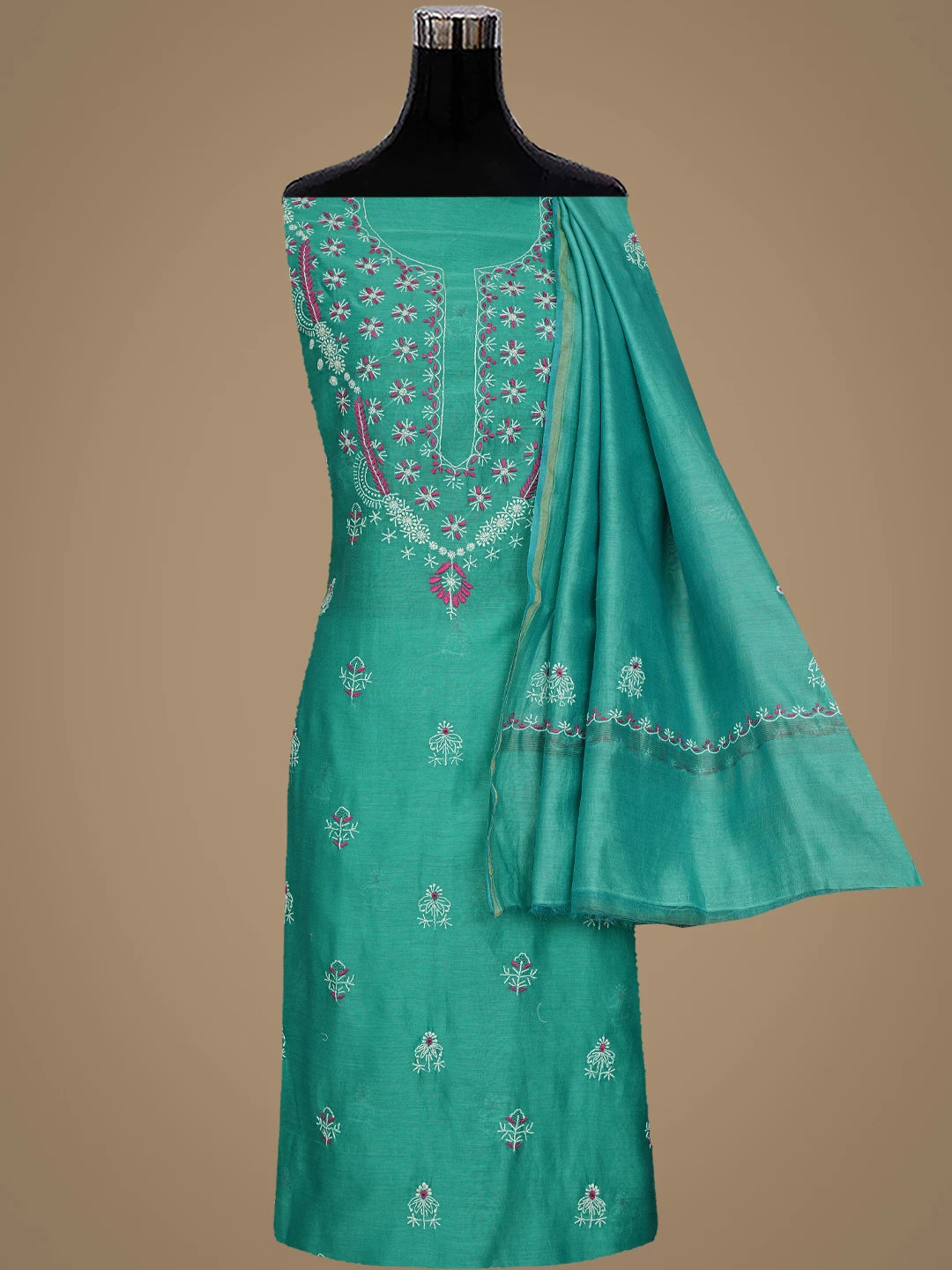 Ada Hand Embroidered Rama Green Chanderi Lucknowi Chikankari Unstitched Kurta Dupatta Set 01A918364