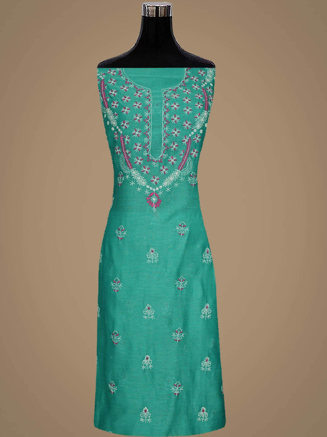 Ada Hand Embroidered Rama Green Chanderi Lucknowi Chikankari Unstitched Kurta Dupatta Set 01A918364