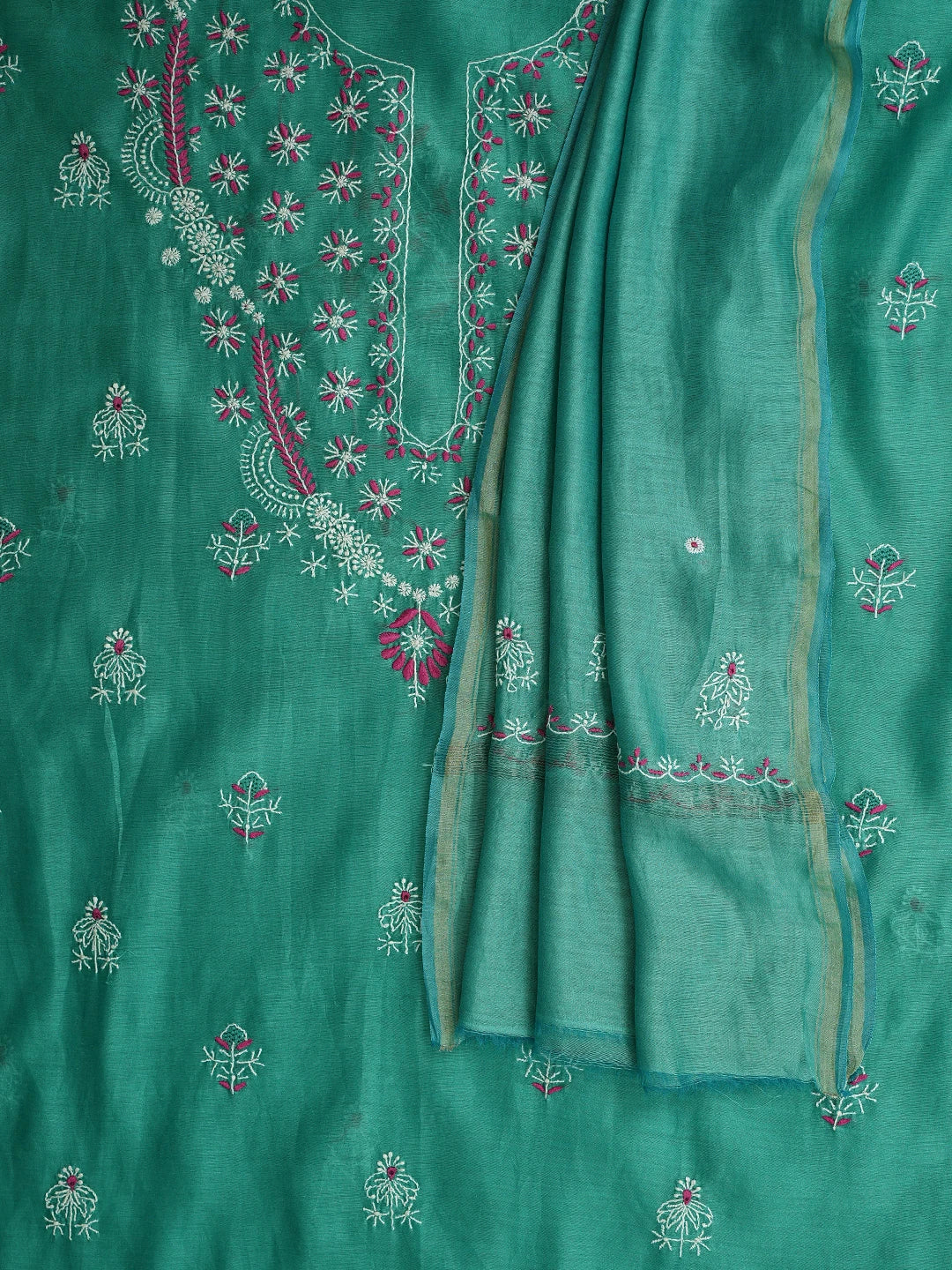 Ada Hand Embroidered Rama Green Chanderi Lucknowi Chikankari Unstitched Kurta Dupatta Set 01A918364