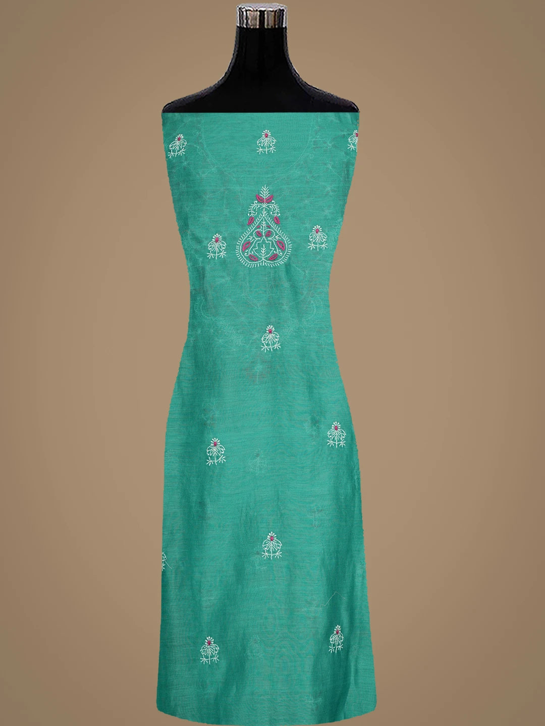 Ada Hand Embroidered Rama Green Chanderi Lucknowi Chikankari Unstitched Kurta Dupatta Set 01A918364