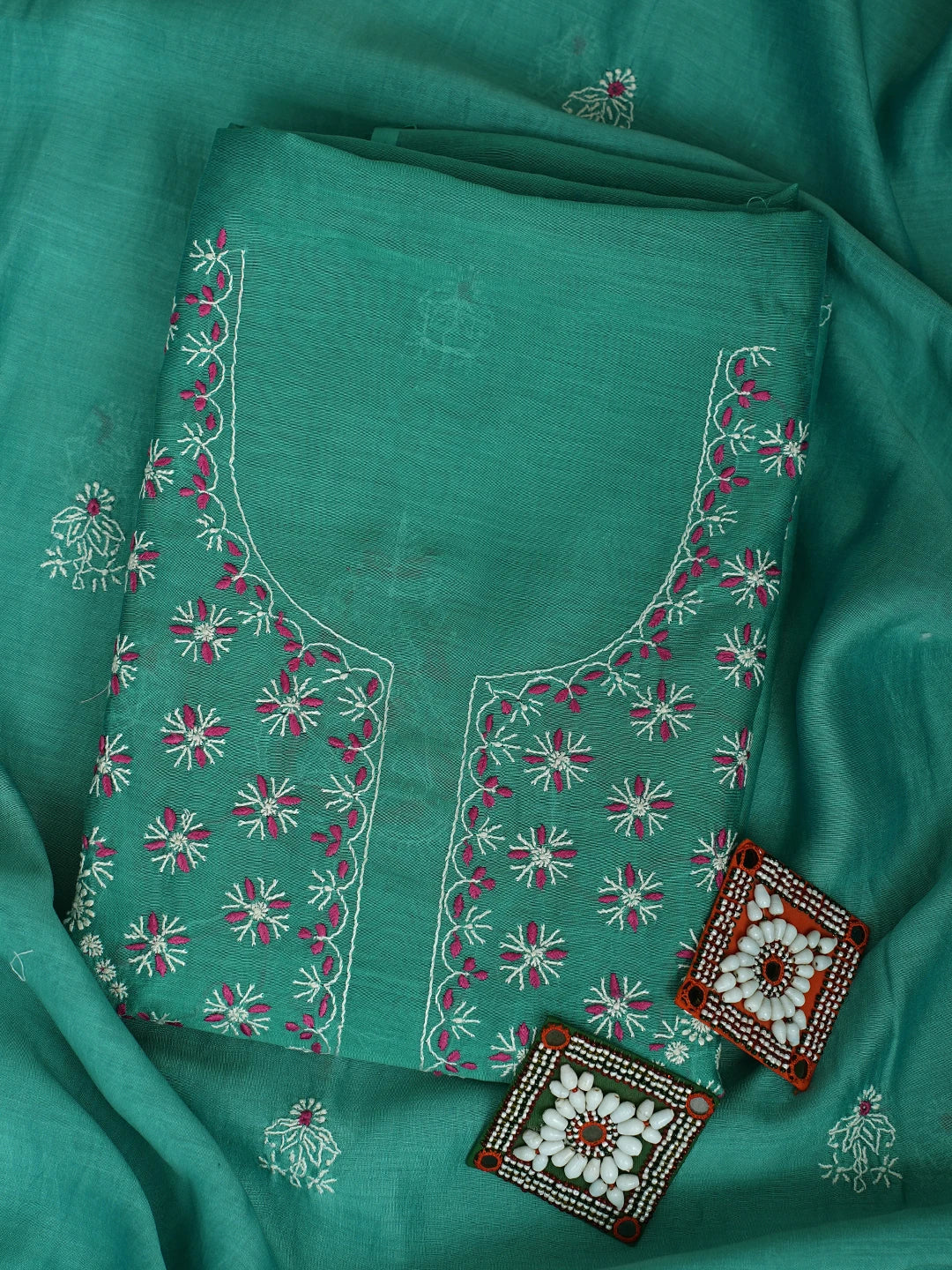 Ada Hand Embroidered Rama Green Chanderi Lucknowi Chikankari Unstitched Kurta Dupatta Set 01A918364