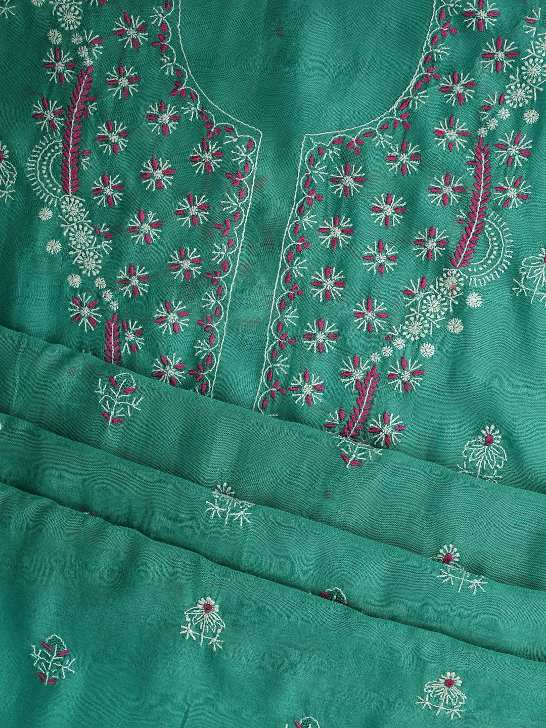 Ada Hand Embroidered Rama Green Chanderi Lucknowi Chikankari Unstitched Kurta Dupatta Set 01A918364