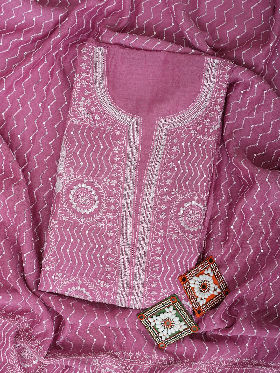Ada Hand Embroidered Onion Pink Chanderi Lucknowi Chikankari Unstitched Kurta Dupatta Set with Cutdana Work 01A889769