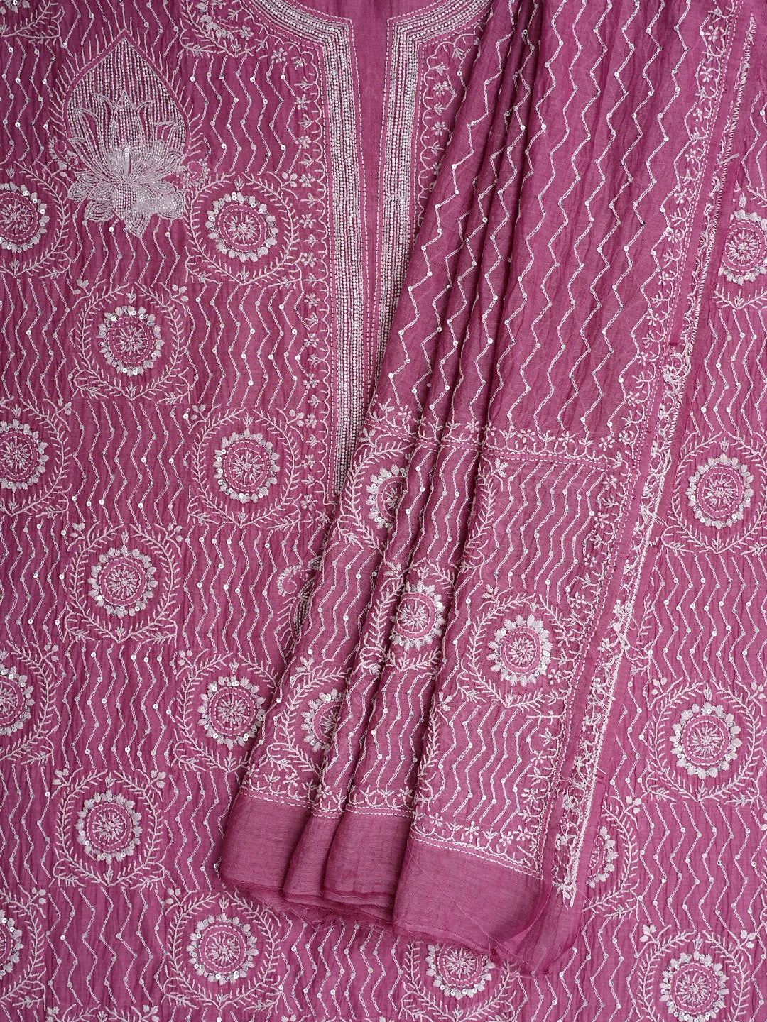 Ada Hand Embroidered Onion Pink Chanderi Lucknowi Chikankari Unstitched Kurta Dupatta Set with Cutdana Work 01A889769