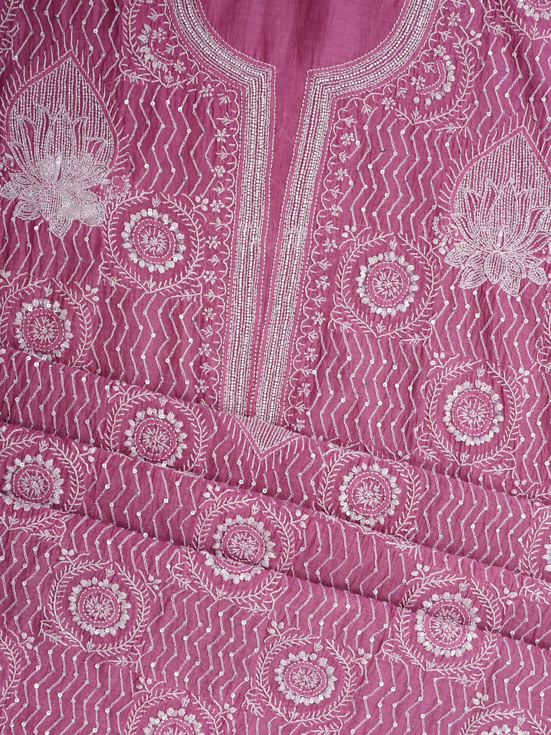 Ada Hand Embroidered Onion Pink Chanderi Lucknowi Chikankari Unstitched Kurta Dupatta Set with Cutdana Work 01A889769