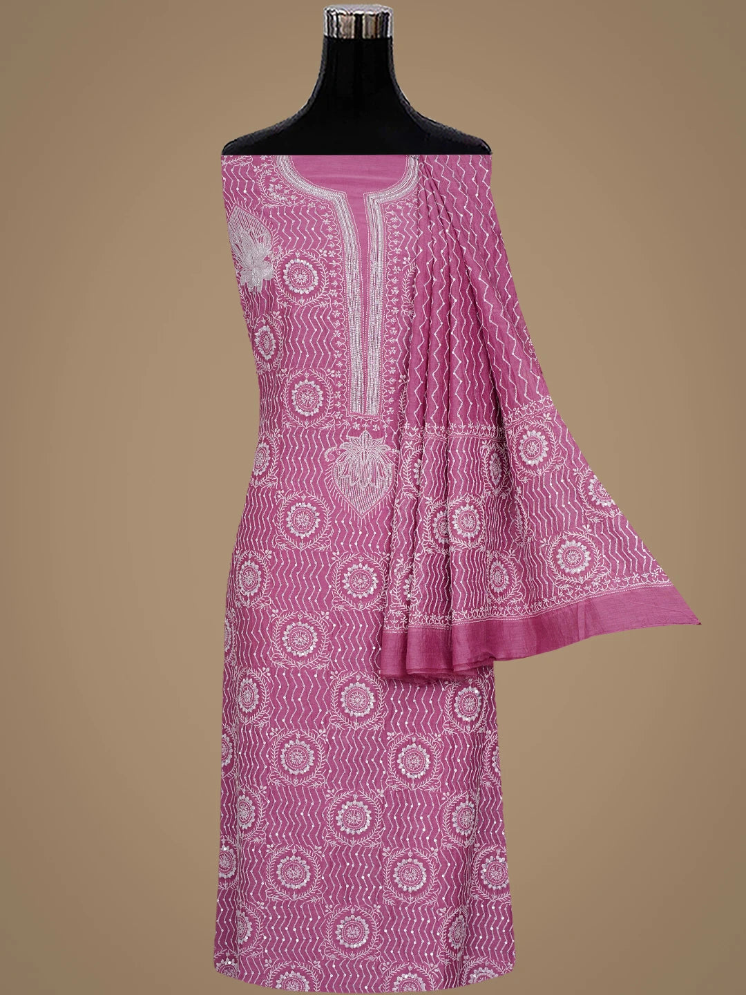 Ada Hand Embroidered Onion Pink Chanderi Lucknowi Chikankari Unstitched Kurta Dupatta Set with Cutdana Work 01A889769