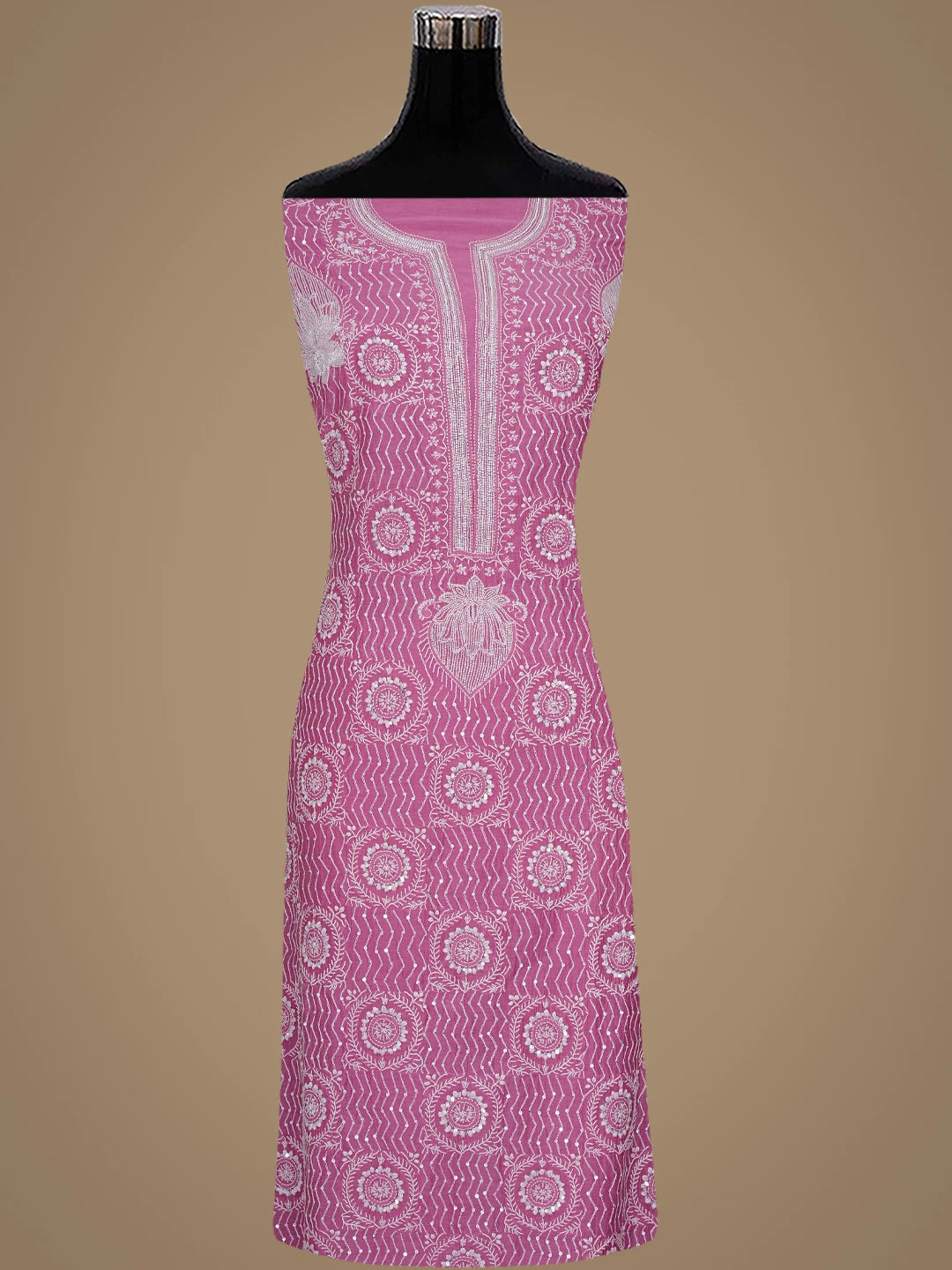 Ada Hand Embroidered Onion Pink Chanderi Lucknowi Chikankari Unstitched Kurta Dupatta Set with Cutdana Work 01A889769