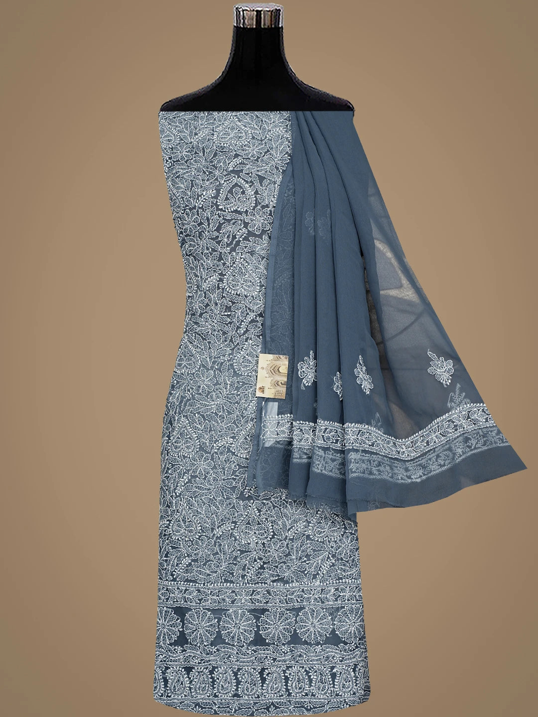 Ada Hand Embroidered Charcoal Grey Georgette Lucknowi Chikankari Unstitched Suit Piece 01A915222