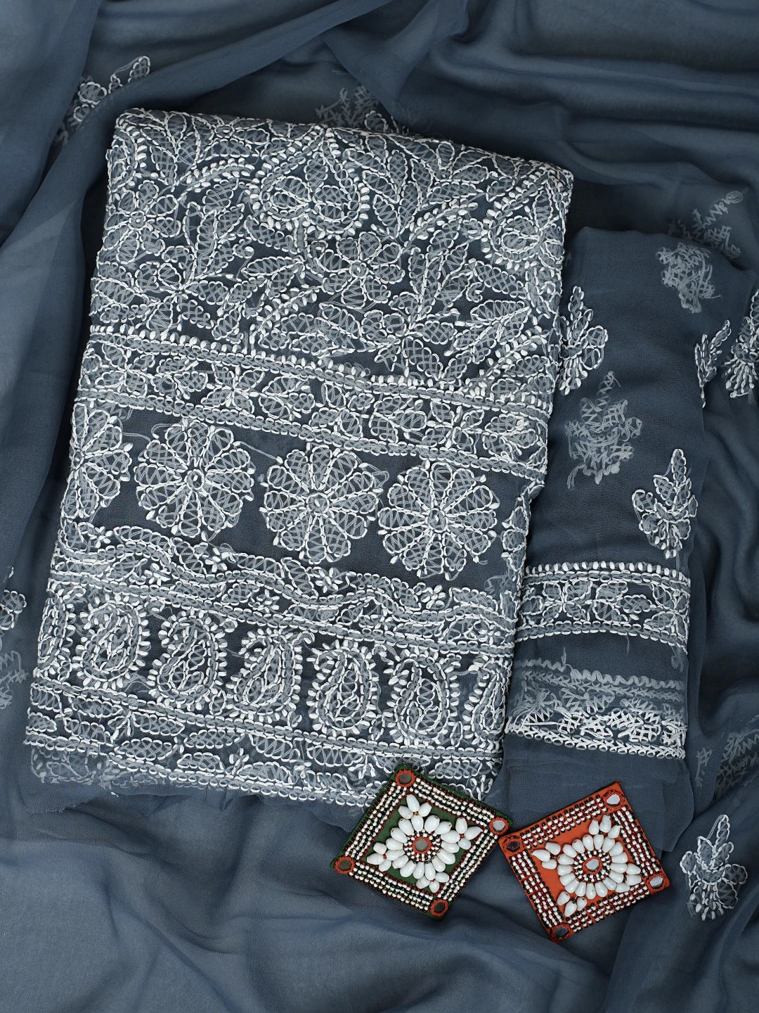 Ada Hand Embroidered Charcoal Grey Georgette Lucknowi Chikankari Unstitched Suit Piece 01A915222