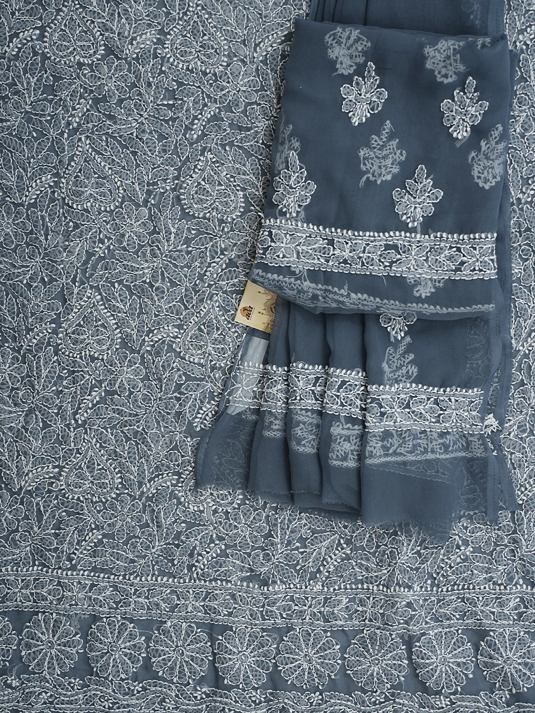 Ada Hand Embroidered Charcoal Grey Georgette Lucknowi Chikankari Unstitched Suit Piece 01A915222