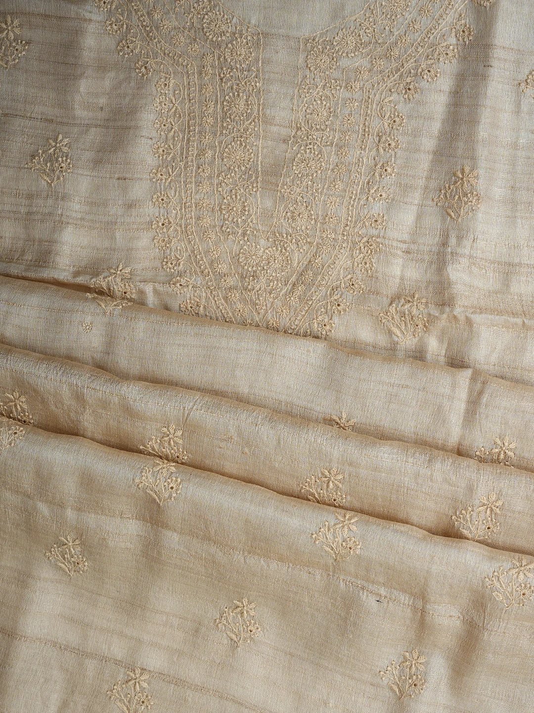 Ada Hand Embroidered Fawn Tussar Lucknowi Chikankari Unstitched Kurta Dupatta Set 01A918342